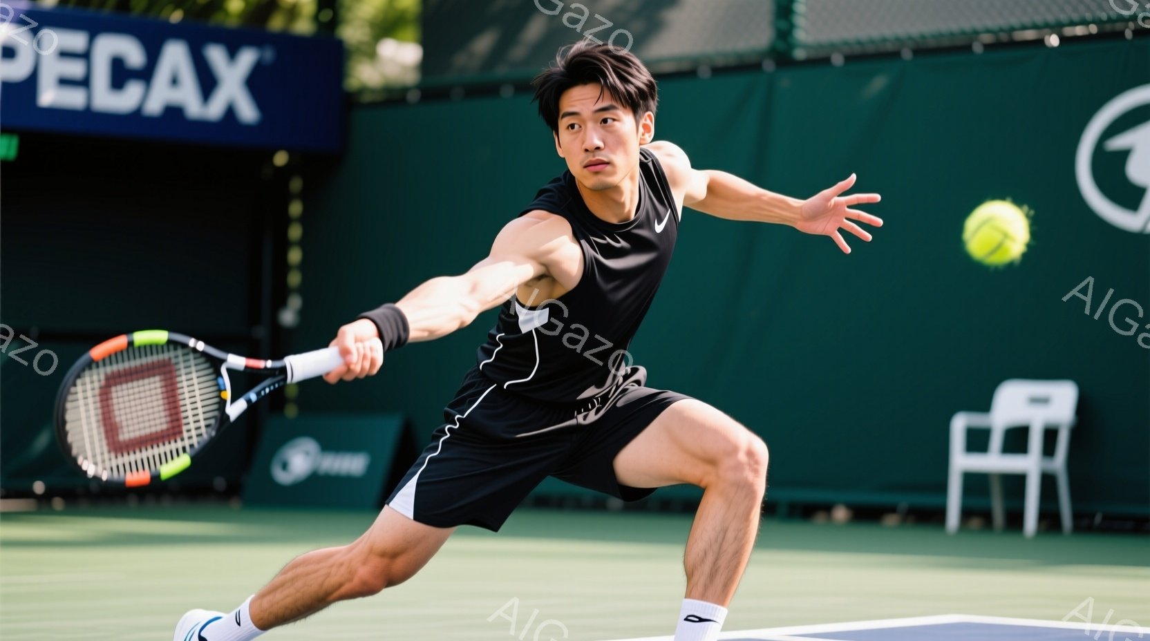 黒いテニスウェアを身につけた男性が、テニスボールを打とうとしている瞬間を捉えた写真です。彼は片足を大きく踏み出し、ラケットを大きく振りかぶるダイナミックな姿勢で、集中した表情をしています。背景には緑の - AI生成フリー素材