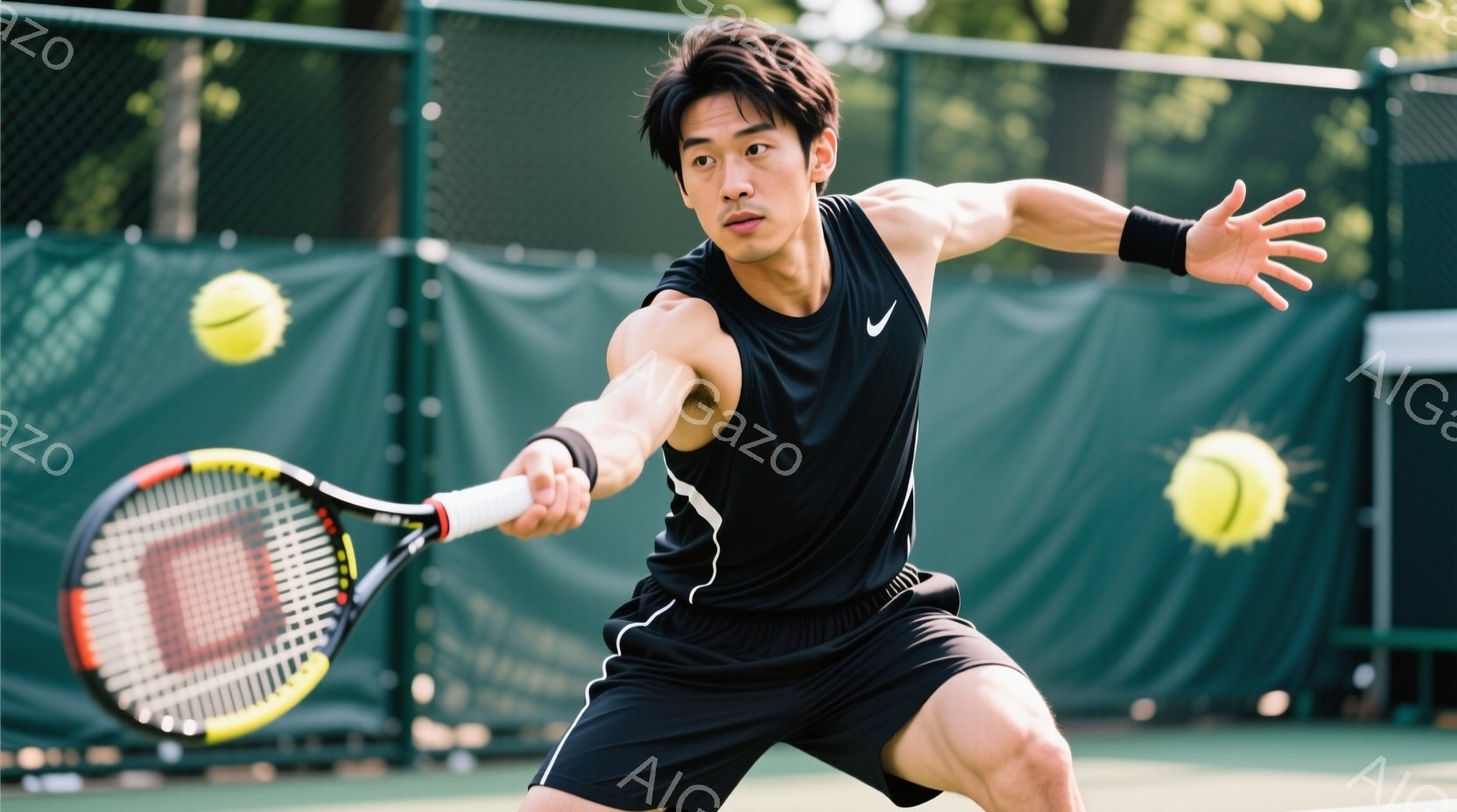 テニスプレイヤーがフォアハンドストロークを打つ瞬間を捉えた写真です。黒いタンクトップとショーツを着用し、片腕を大きく振りかぶってラケットでボールを打ちます。背景には緑のネットと木々が見え、晴天の下での - AI生成フリー素材