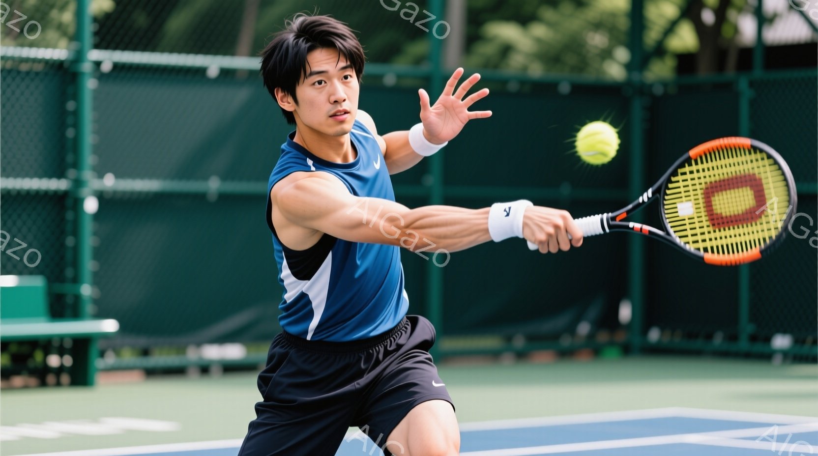 男子はテニスコートでフォアハンドショットを打っています。青と白のストライプが入ったスポーツウェアを着用し、短髪で集中した表情をしています。背景には緑のフェンスとコートのネットが見え、屋外で晴れた日のテ - AI生成フリー素材