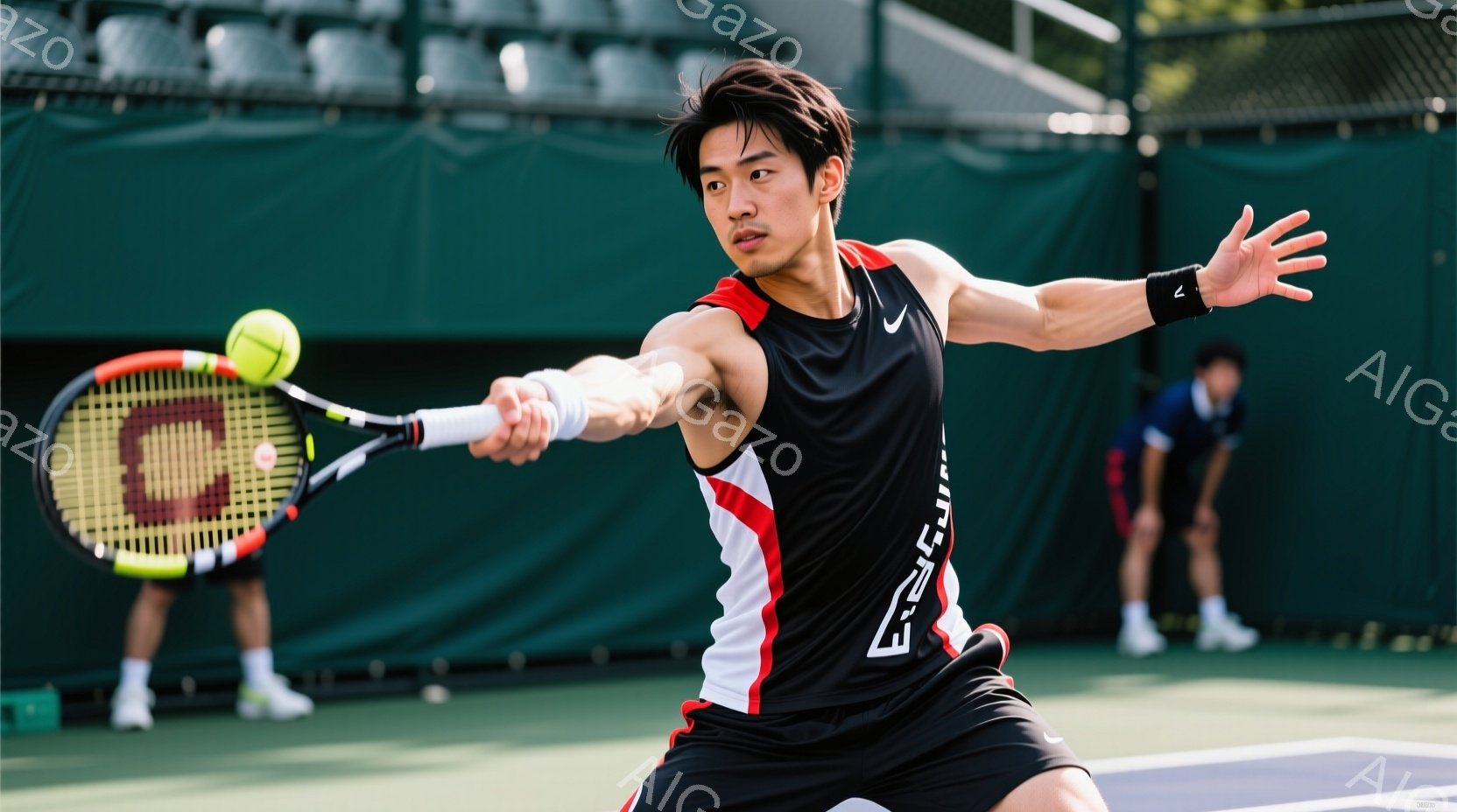 テニスプレーヤーがフォアハンドショットを打つ瞬間を捉えた写真です。黒と赤のスポーティーなウェアを身につけ、髪は短く整えられています。背景には緑のテニスコートとぼんやりと観客席が見え、晴天の下での活気あ - AI生成フリー素材