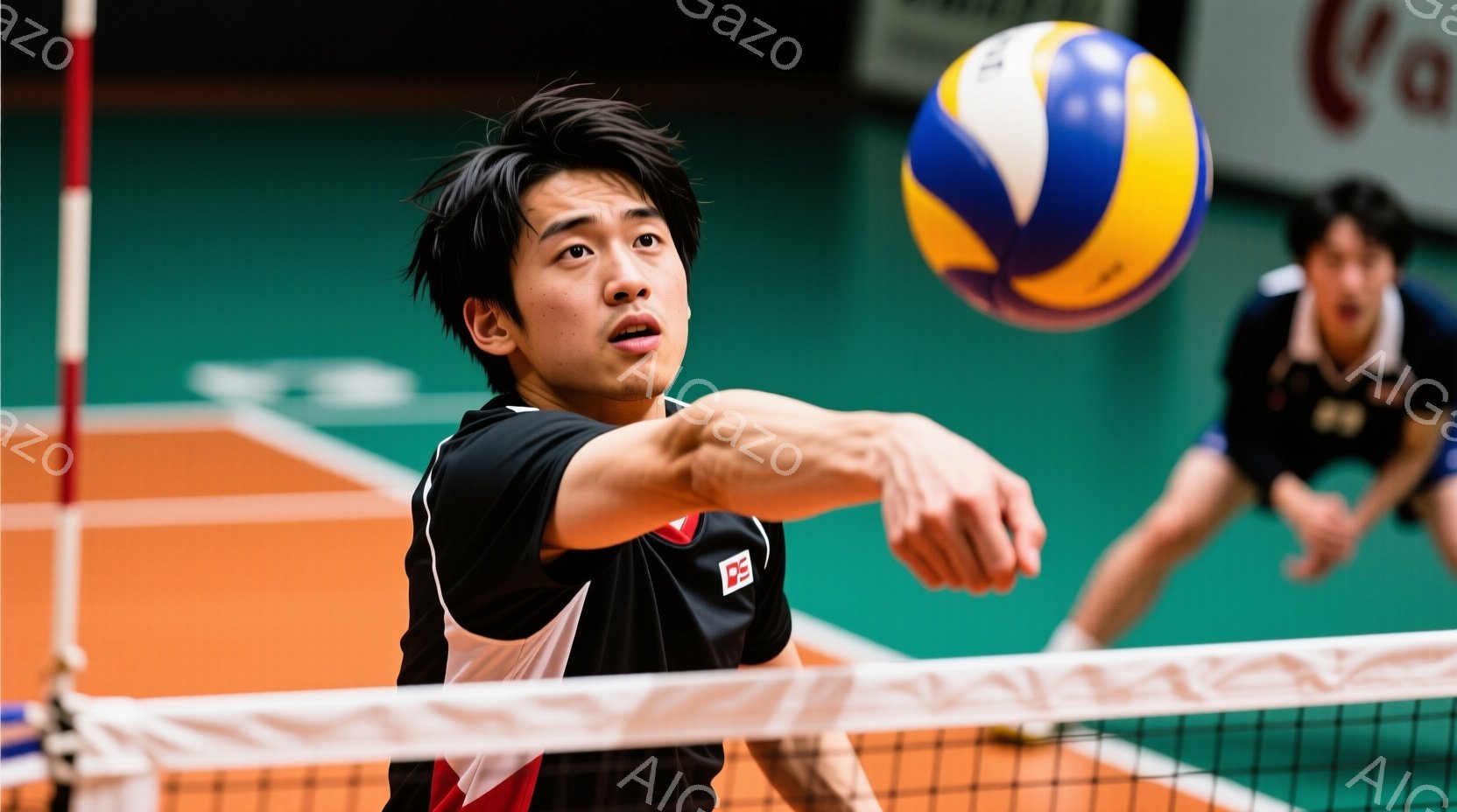 バレーボール選手がボールをオーバーハンドで打ち込む瞬間を捉えた写真です。黒と赤のユニフォームを着ており、短髪で、集中した表情をしています。背景にはネットとぼやけた他の選手が見え、体育館のような屋内空間 - AI生成フリー素材