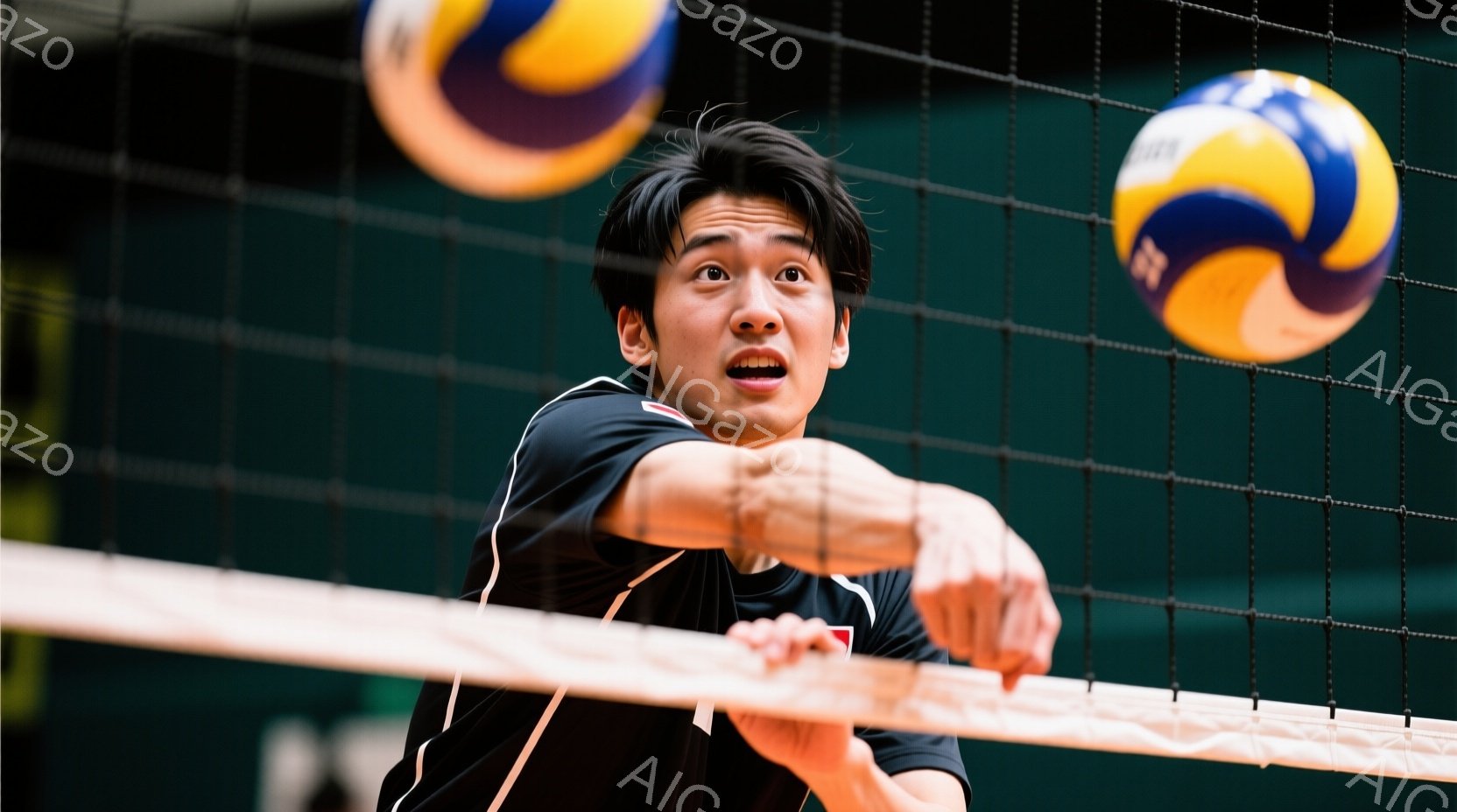 バレーボールの選手がネットを越えてブロックしようとしている瞬間を捉えた写真です。黒い長袖シャツと短パン姿で、力強い表情と緊張感が伝わってきます。背景にはネットとぼやけた観客席が見え、競技場の熱気を感じさせます。