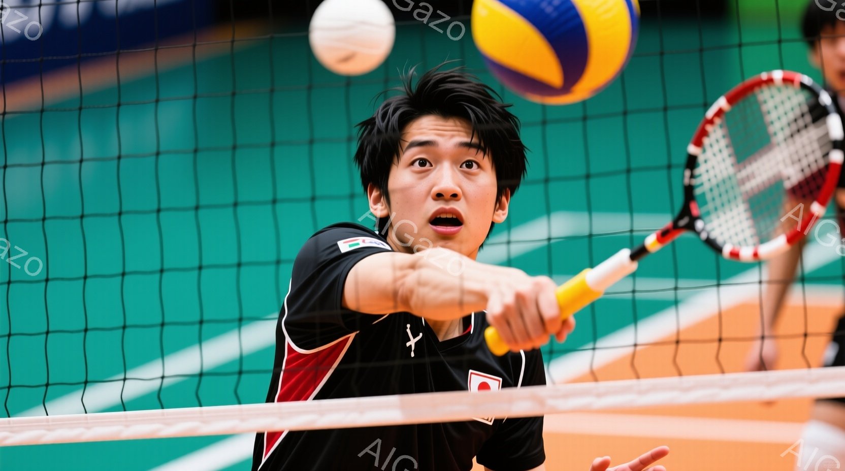黒いバドミントンウェアに赤いラインが入った男性が、ネットに向かってラケットを振りかざしている様子が写っている。彼は真剣な表情で前方に集中しており、ショートヘアのスタイルも活動的な印象を与える。背景にはバドミントンコートのネットと、ぼやけた他の選手やボールが見え、競技の臨場感が感じられる。