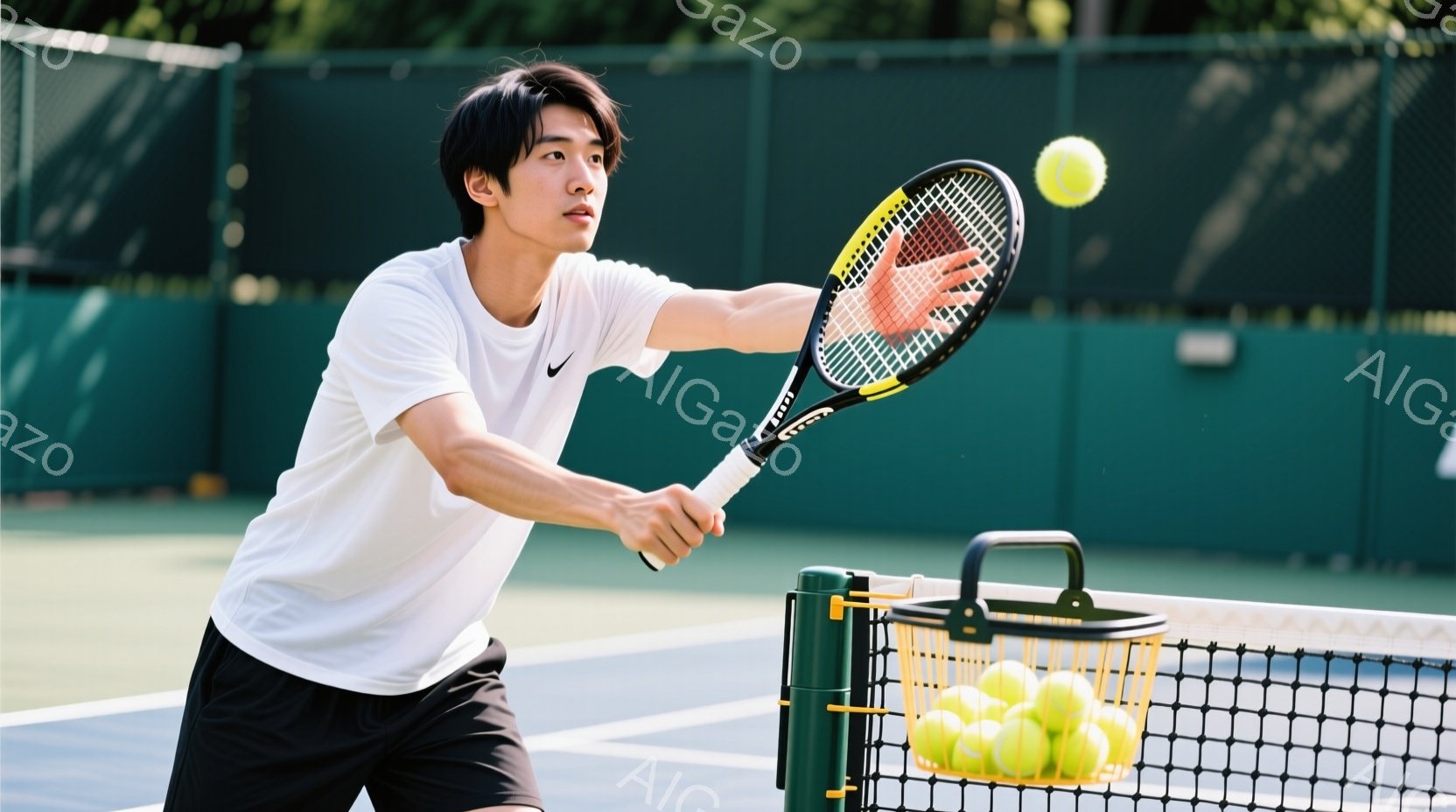 白いTシャツに黒いショーツを着た若い男性がテニスをしている写真です。彼はフォアハンドストロークでボールを打とうとしており、力強い姿勢でラケットを振っています。背景には緑のフェンスとテニスボールが詰まったバスケット、そしてぼやけた緑の木々が見え、晴れた日のテニス練習の様子が伝わってきます。