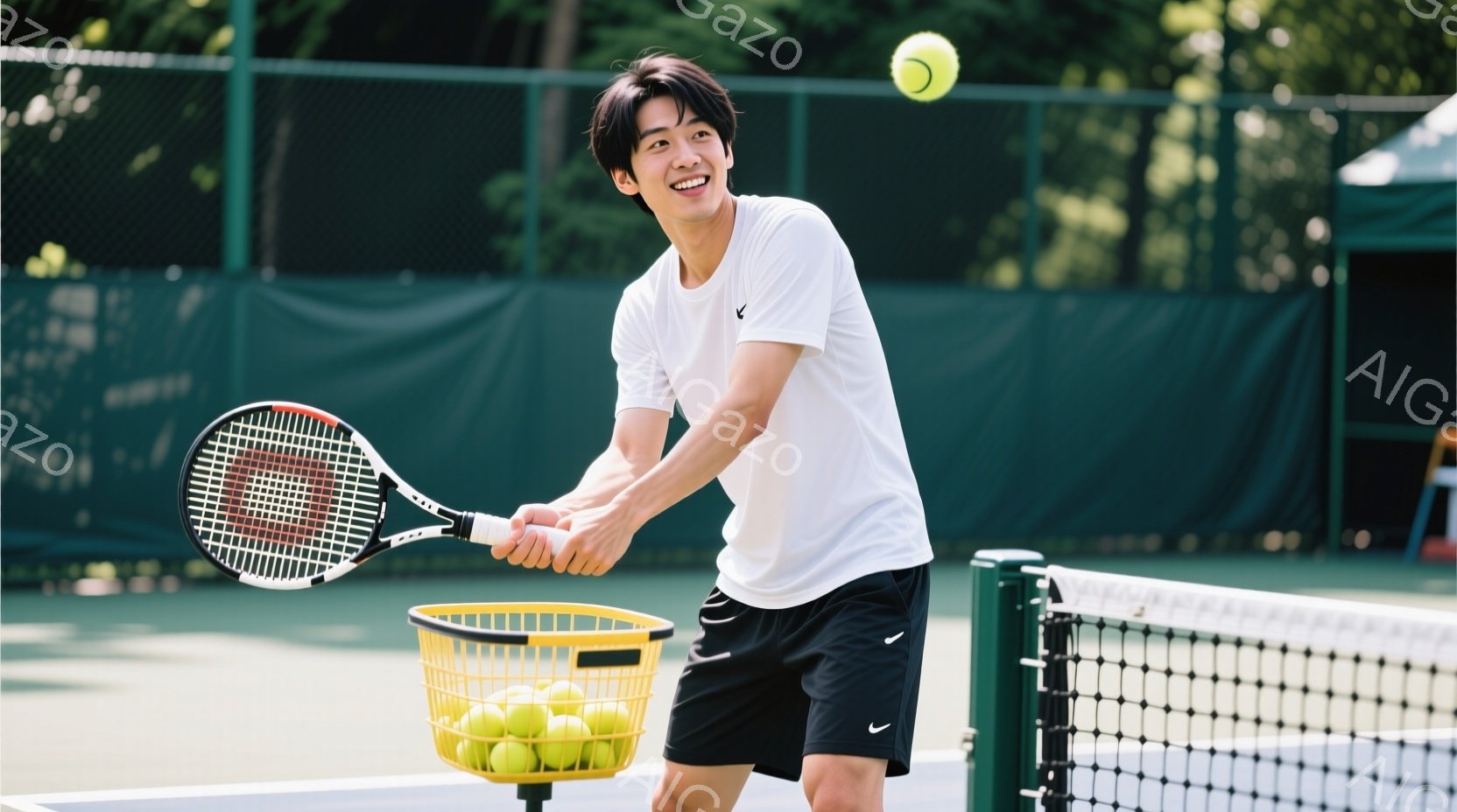 若い男性がテニスコートでテニスをしている様子が写っています。彼は白いTシャツと黒いショーツを着ており、髪は短く、顔には笑顔が見られます。背景には緑豊かな木々やフェンス、そしてテニスボールが入った黄色い - AI生成フリー素材