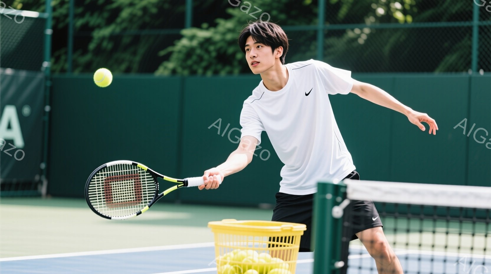 若い男性テニス選手がフォアハンドのストロークを打とうとしている瞬間を捉えた写真です。彼は白いTシャツと黒いショーツを着用し、短く整えられた黒髪を持っています。背景には緑のフェンスとテニスコート、そしてオレンジ色のボールがたくさん入ったバスケットが見え、晴れた日のテニス練習の様子を表しています。