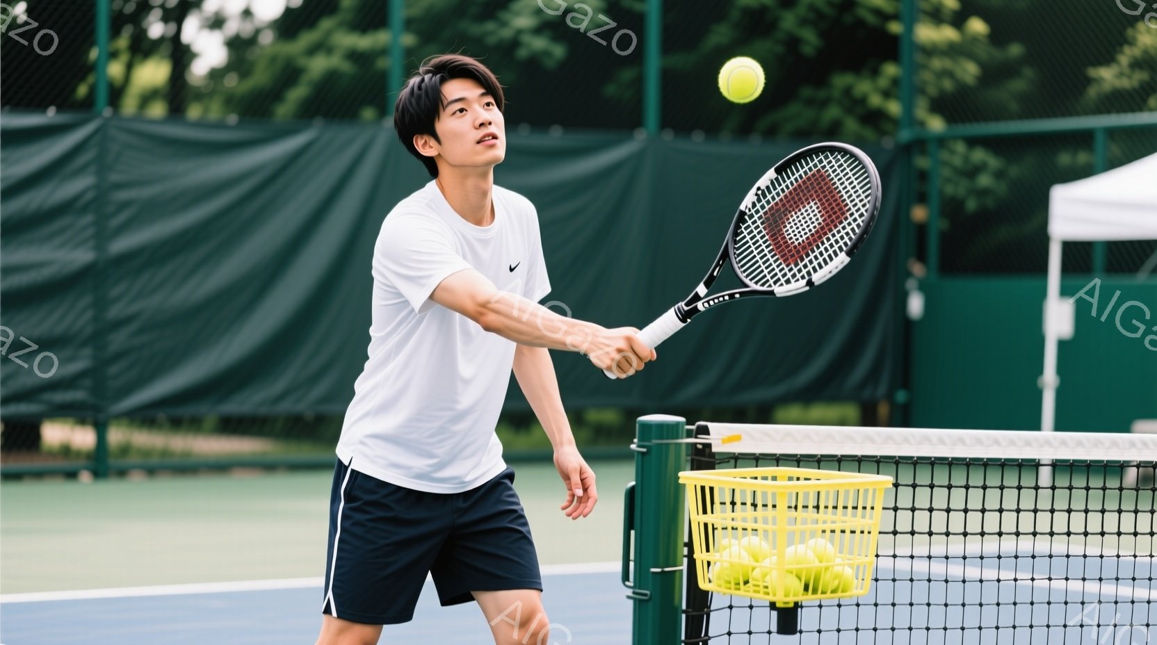 若い男性がテニスをしている写真です。彼は白いTシャツと紺色の短パンを着用し、髪は短く整えられています。彼はテニスラケットを振りかぶり、ボールを打とうとする姿勢で、背景にはネットとテニスコート、そして緑 - AI生成フリー素材