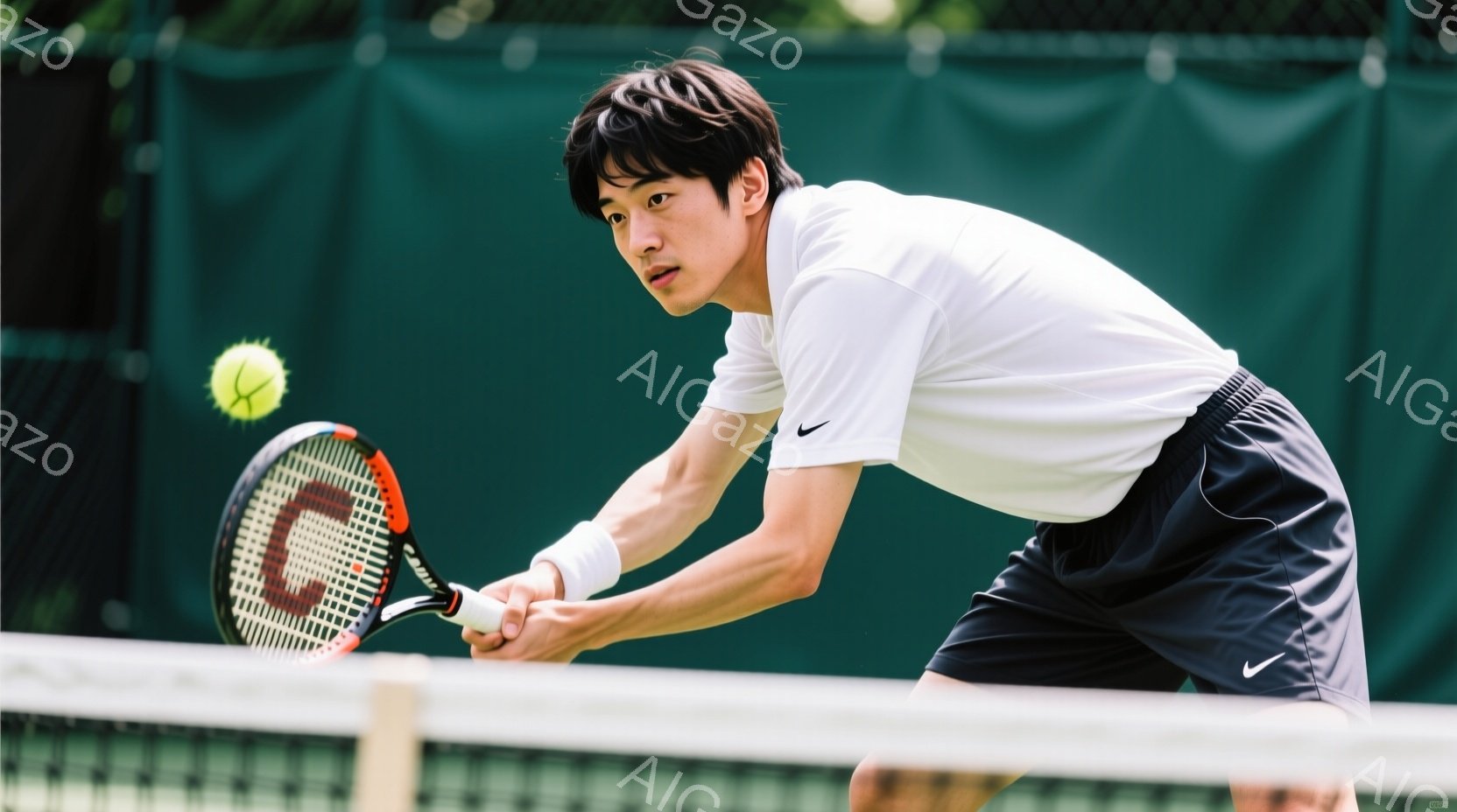 若い男性がテニスをしている写真です。白のポロシャツと黒の短パン姿で、テニスラケットを構え、ボールを打とうとしている瞬間を捉えています。背景は緑豊かなテニスコートで、晴天の下、活気ある雰囲気が伝わってき - AI生成フリー素材