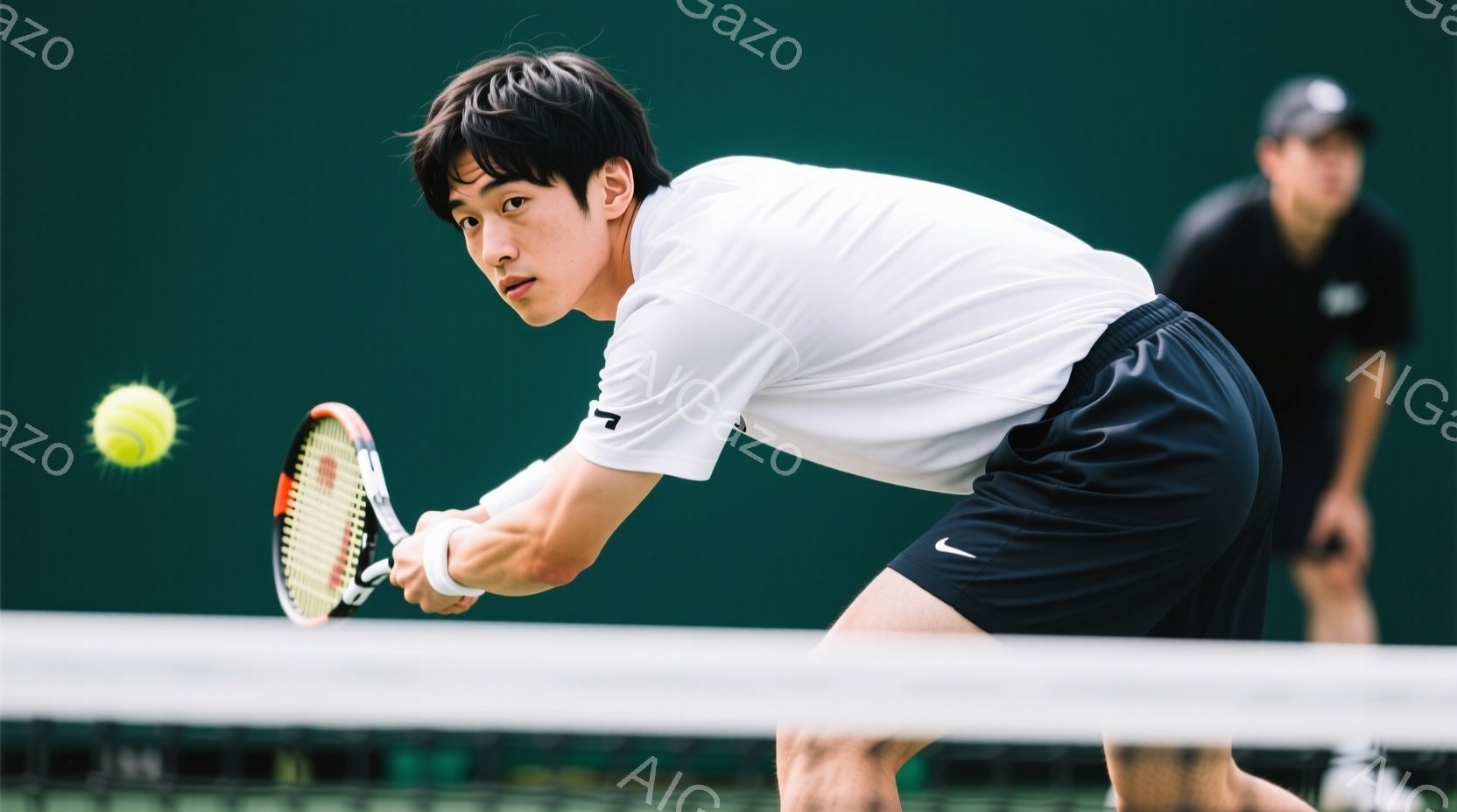 若い男性テニス選手がフォアハンドストロークを打つ瞬間を捉えた写真です。彼は白いポロシャツと黒いショーツを着用し、短く整髪された髪型をしています。背景にはテニスコートとぼやけた別の選手が見え、日中の屋外 - AI生成フリー素材