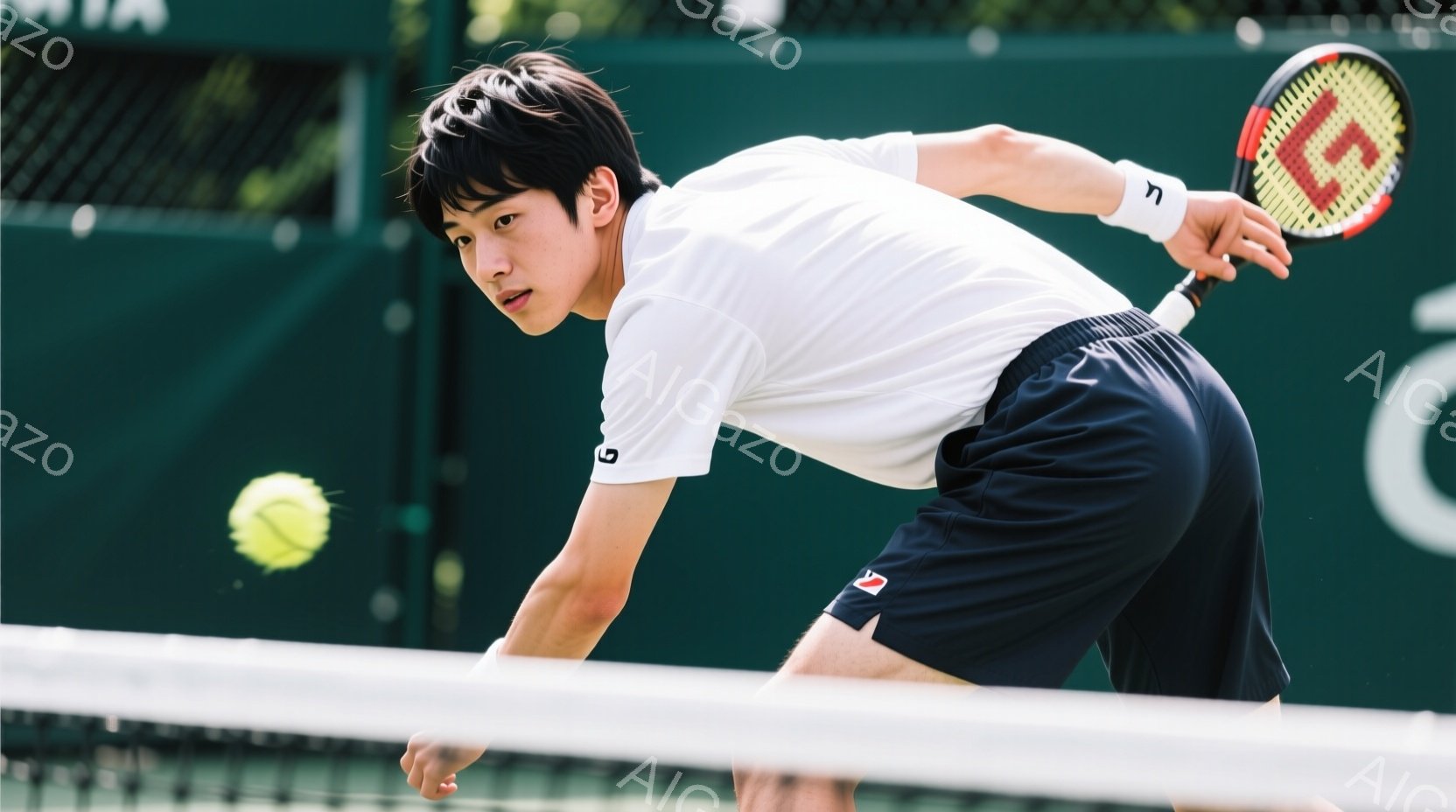 テニス選手がフォアハンドショットを打つ瞬間を捉えた写真です。黒髪で短く整えられた髪型、白いポロシャツと黒いショーツ姿で、集中した表情でボールに目を光らせています。背景は緑の芝生とネット、そしてぼやけた - AI生成フリー素材