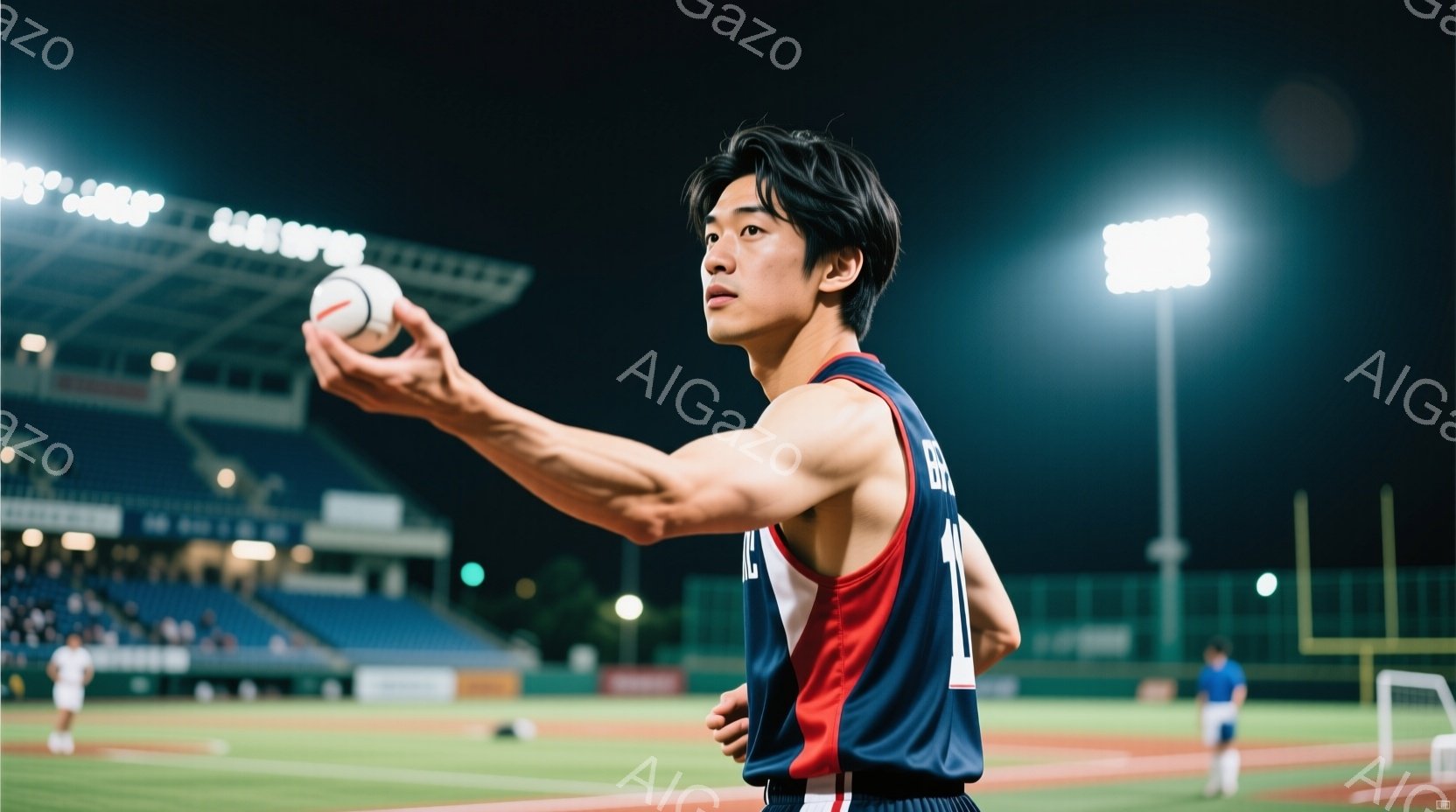 紺色の野球ユニフォームを着た若い男性が、野球のボールを投げる動作をしています。彼は黒髪で、顔には集中した表情が浮かび、腕を大きく振りかぶってボールを離そうとしています。背景には夜間の野球場があり、観客 - AI生成フリー素材
