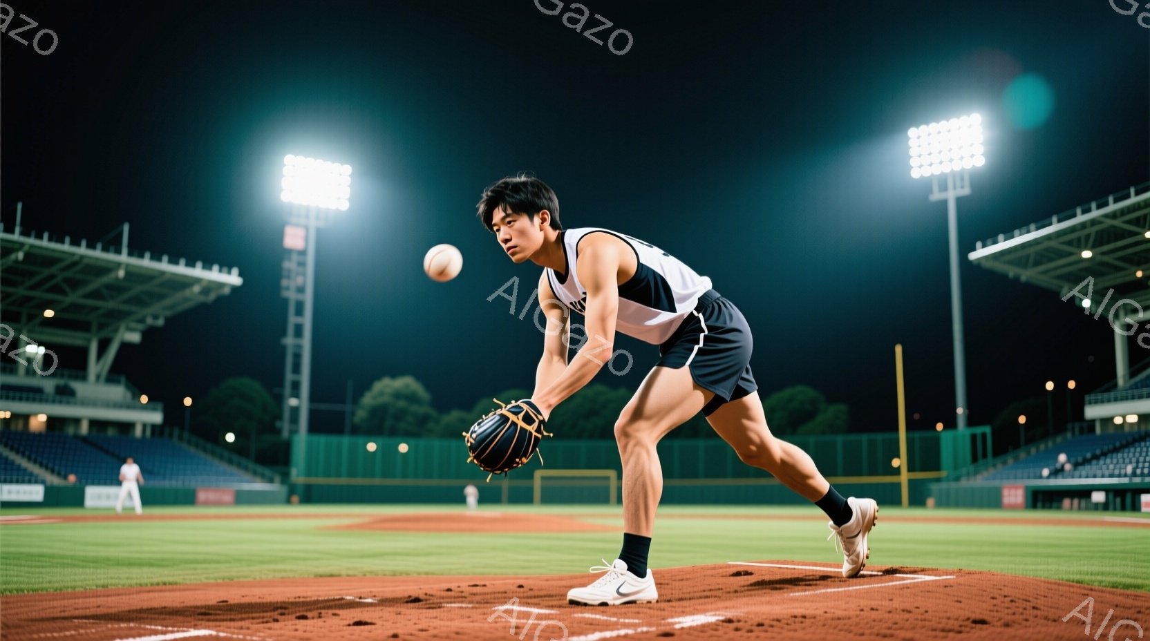 野球選手が投球の動作をしている写真です。黒と白のストライプのシャツと黒いショーツを着用し、右手にボールを持ち、左腕を大きく振りかぶったポーズをとっています。背景には野球場が広がり、観客席や照明が確認でき、夜間の試合が行われている様子が伺えます。