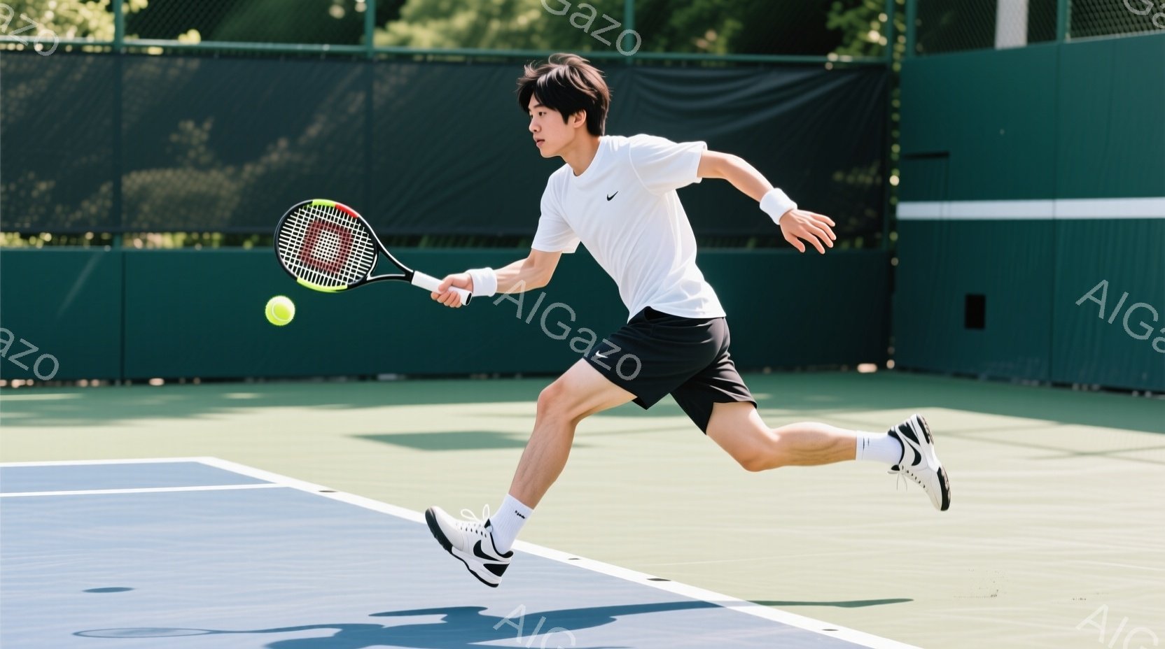 若い男性テニス選手が、コート上を力強く走りながらフォアハンドショットを打とうとしている瞬間を捉えた写真です。彼は白のTシャツ、黒のショートパンツ、白いテニスシューズを着用し、短く整髪された黒髪が特徴的 - AI生成フリー素材