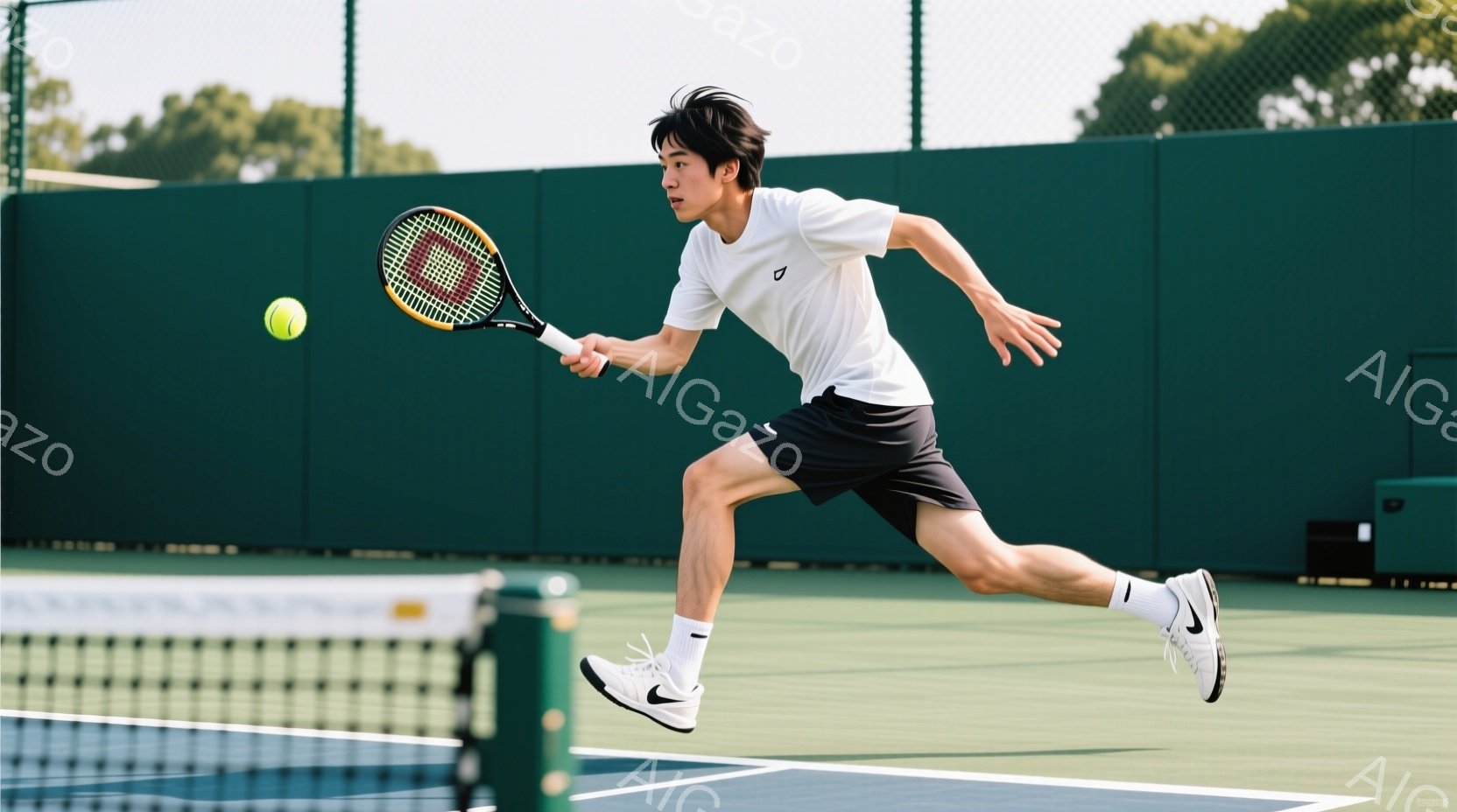 若い男性テニス選手が、テニスコート上でフォアハンドショットを打とうとしている瞬間を捉えた写真です。彼は白のTシャツと黒のショーツ、白いテニスシューズを着用し、黒髪を短く整えています。背景には緑のネット - AI生成フリー素材