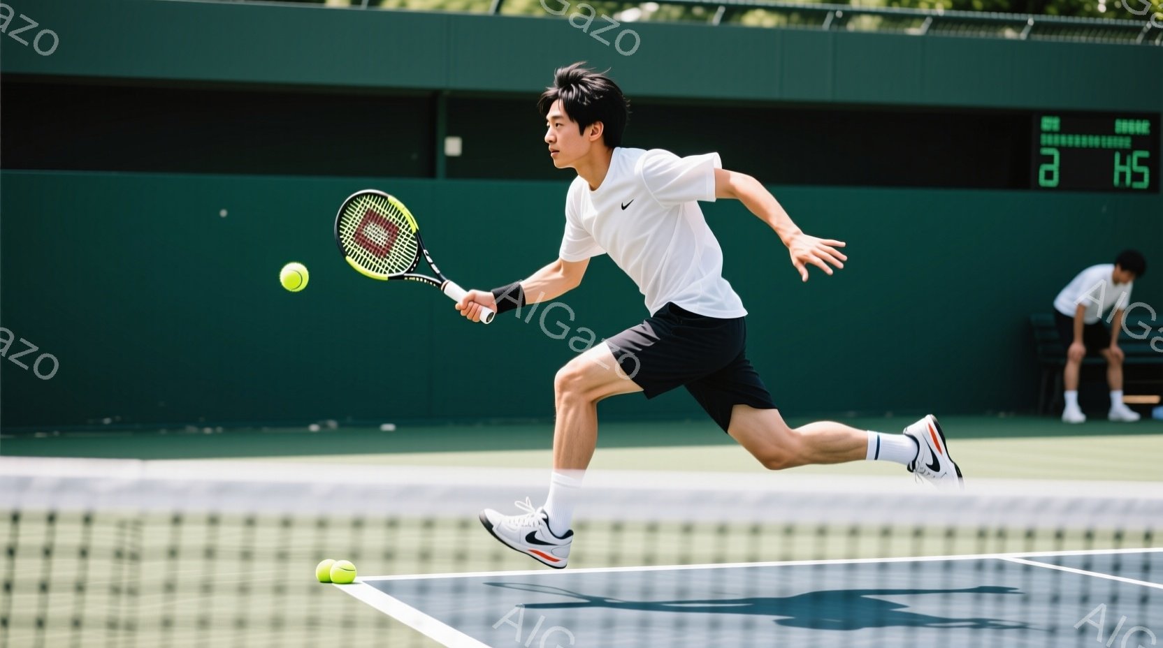 若い男性テニス選手が、緑色のコート上でジャンプしながらフォアハンドショットを打とうとしています。彼は白いTシャツ、黒いショートパンツ、白いスニーカーを着用し、短髪で、集中した表情をしています。背景には、緑の壁とぼやけたもう一人のテニス選手が見え、晴れた日の屋外コートの様子がうかがえます。