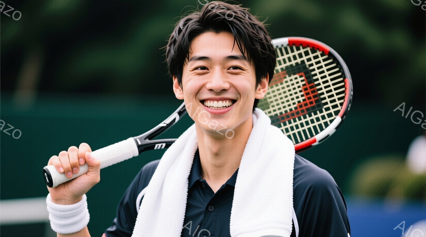 若い男性テニス選手が、肩にタオルをかけ、笑顔でこちらを見ている。黒いポロシャツと白いリストバンドを身につけ、髪型は短く整えられている。背景には緑の木々とテニスコートが見え、晴れた日の屋外での撮影である - AI生成フリー素材