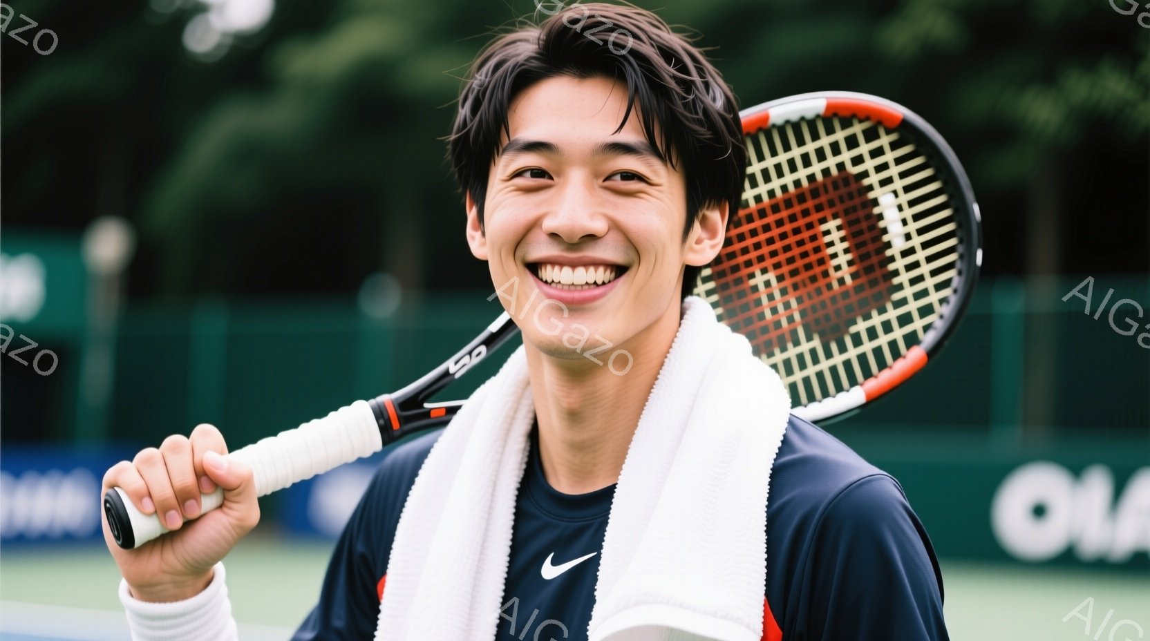 若い男性がテニスラケットを肩にかけ、満面の笑みを浮かべている。紺色のポロシャツに白いタオルを首にかけ、黒髪を少し無造作にセットしている。背景は緑のテニスコートで、ぼやけた建物や自然が見え、晴天の下、爽やかな雰囲気を醸し出している。