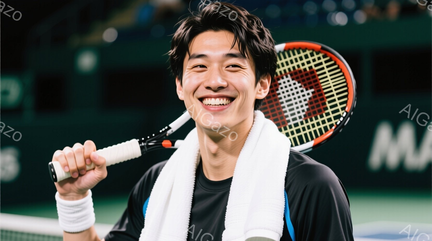 テニスラケットを肩に担ぎ、満面の笑みを浮かべる若い男性が写っています。黒いテニスウェアに白いヘッドバンドとタオルを巻き、髪は短く整えられています。背景はテニスコートで、観客席がぼやけていますが、全体的に明るく活気のある雰囲気です。