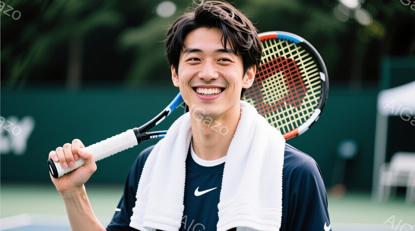 若い男性がテニスラケットを握り、満面の笑顔を浮かべている。紺色の襟付きTシャツに、首に白いタオルをかけており、黒髪を少し無造作に整えている。背景は緑色のテニスコートで、ぼやけた白い建物と木々が見え、晴天の下でリラックスした雰囲気が漂っている。