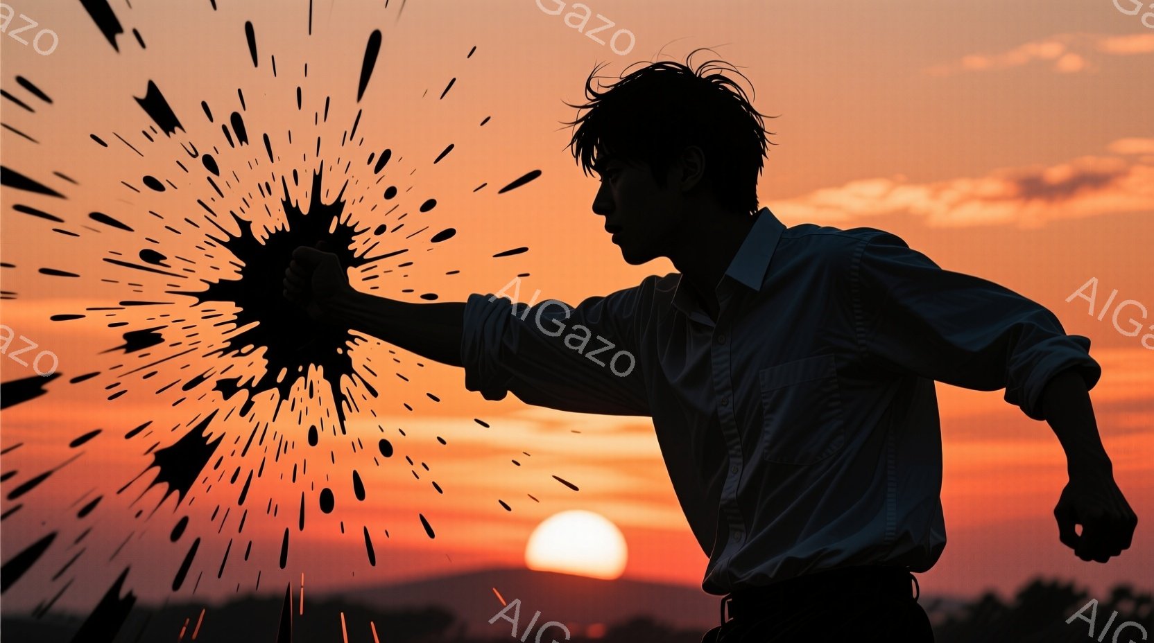 シルエットで描かれた男性が、拳を突き出したダイナミックなポーズをとっています。彼はシャツとズボンを着用し、短髪で、強い意志を感じさせる表情をしています。背景は夕焼けに染まり、空には太陽が輝き、下には草 - AI生成フリー素材