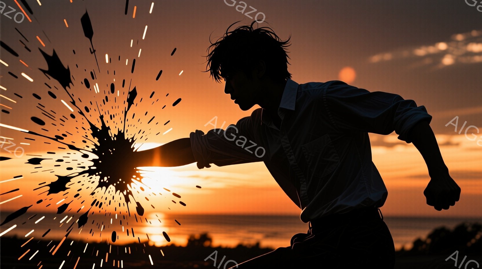 シルエットで描かれた少年が、力強い右ストレートを繰り出している。少年は短い髪で、シャツを着ており、背景には夕焼けの空と草原が広がっている。空はオレンジ色と赤色のグラデーションで、まるで燃え盛る炎のようであり、激しいアクションと夕焼けのコントラストが、躍動感あふれる雰囲気を作り出している。