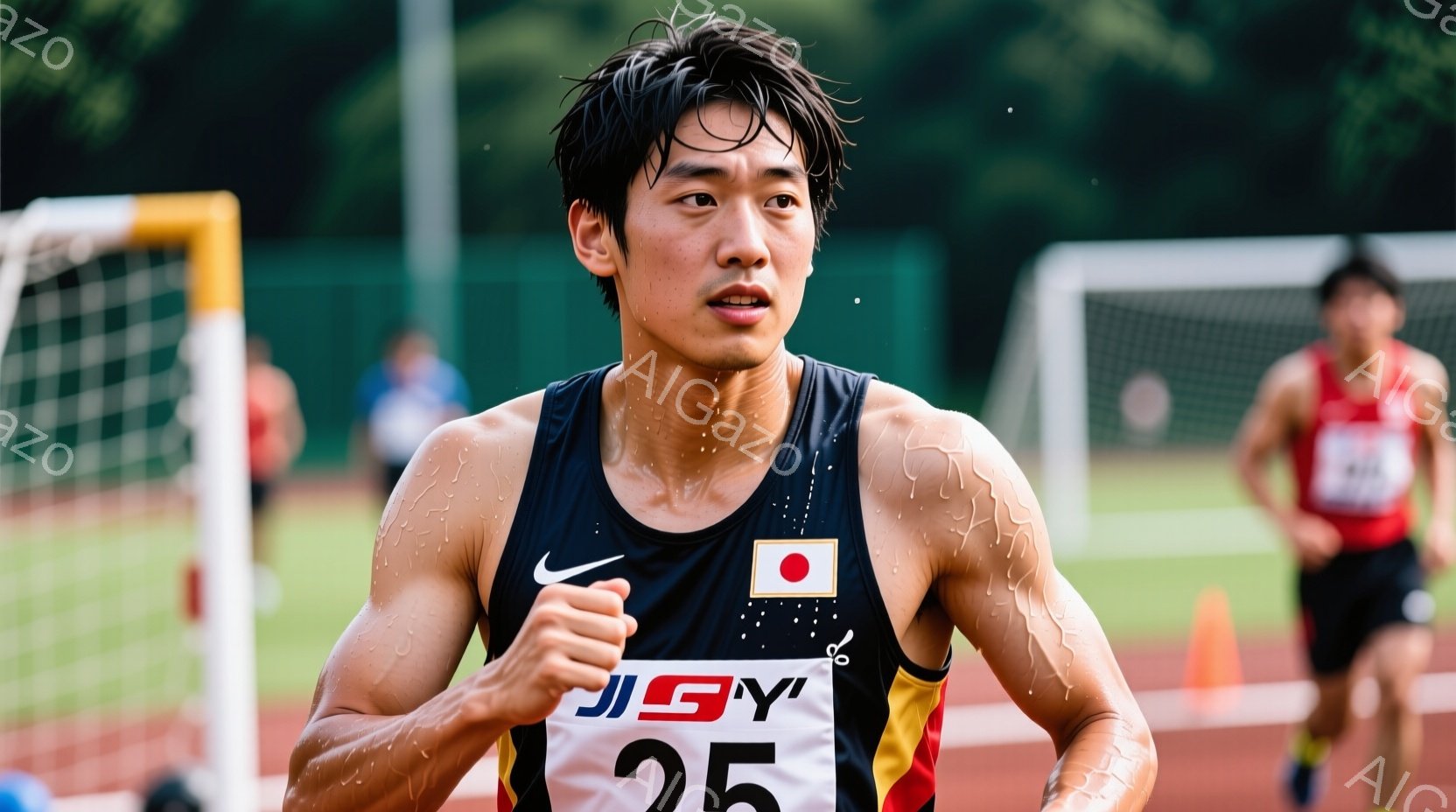 競技場のトラックを走る男性の姿が写っている。彼は黒のタンクトップと短パンを着用し、額には汗が光っている。背景には緑豊かな木々と、ぼやけた他のランナーや観客が見え、夏の晴れた日の競技場という雰囲気が出て - AI生成フリー素材