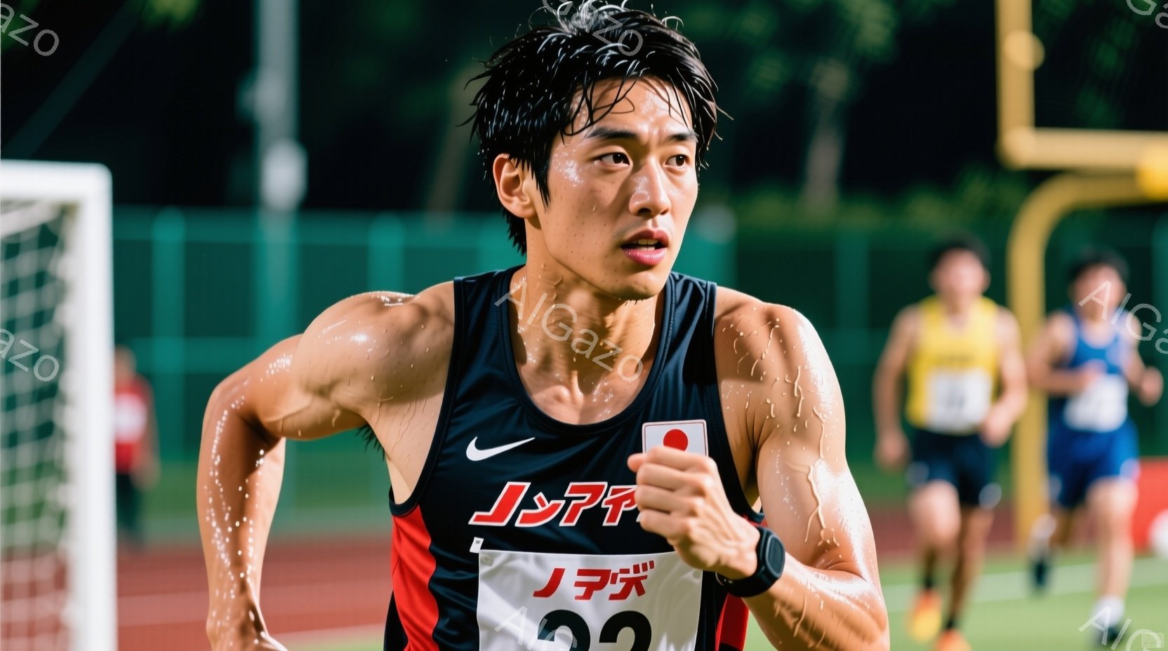 競技場のトラックを走る男性ランナーが写っている。彼は黒のタンクトップと短パンを着用し、全身が汗で覆われている。表情は真剣で、前方に集中している様子が伺え、背景には他のランナーとトラック、そして夜の空が - AI生成フリー素材