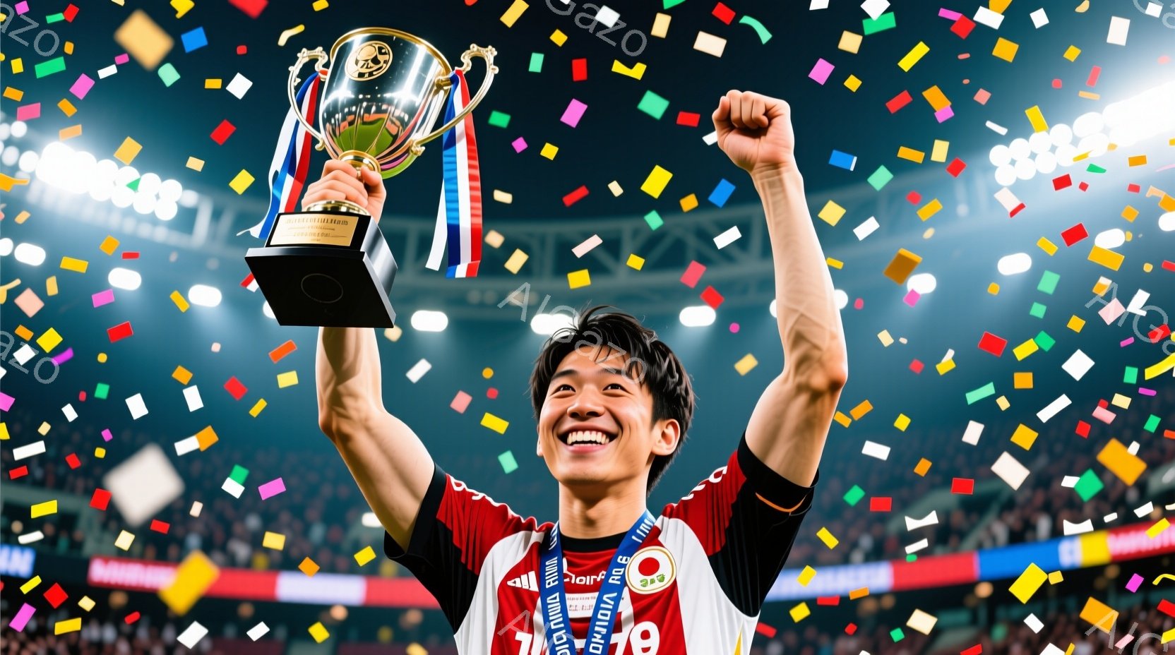 選手は赤いユニフォームを着て、顔には満面の笑みを浮かべています。彼は片手を高く上げ、輝くトロフィーを掲げており、背景には紙吹雪が舞い、観客席が見えます。勝利の喜びと興奮に満ちた、力強い瞬間が捉えられて - AI生成フリー素材