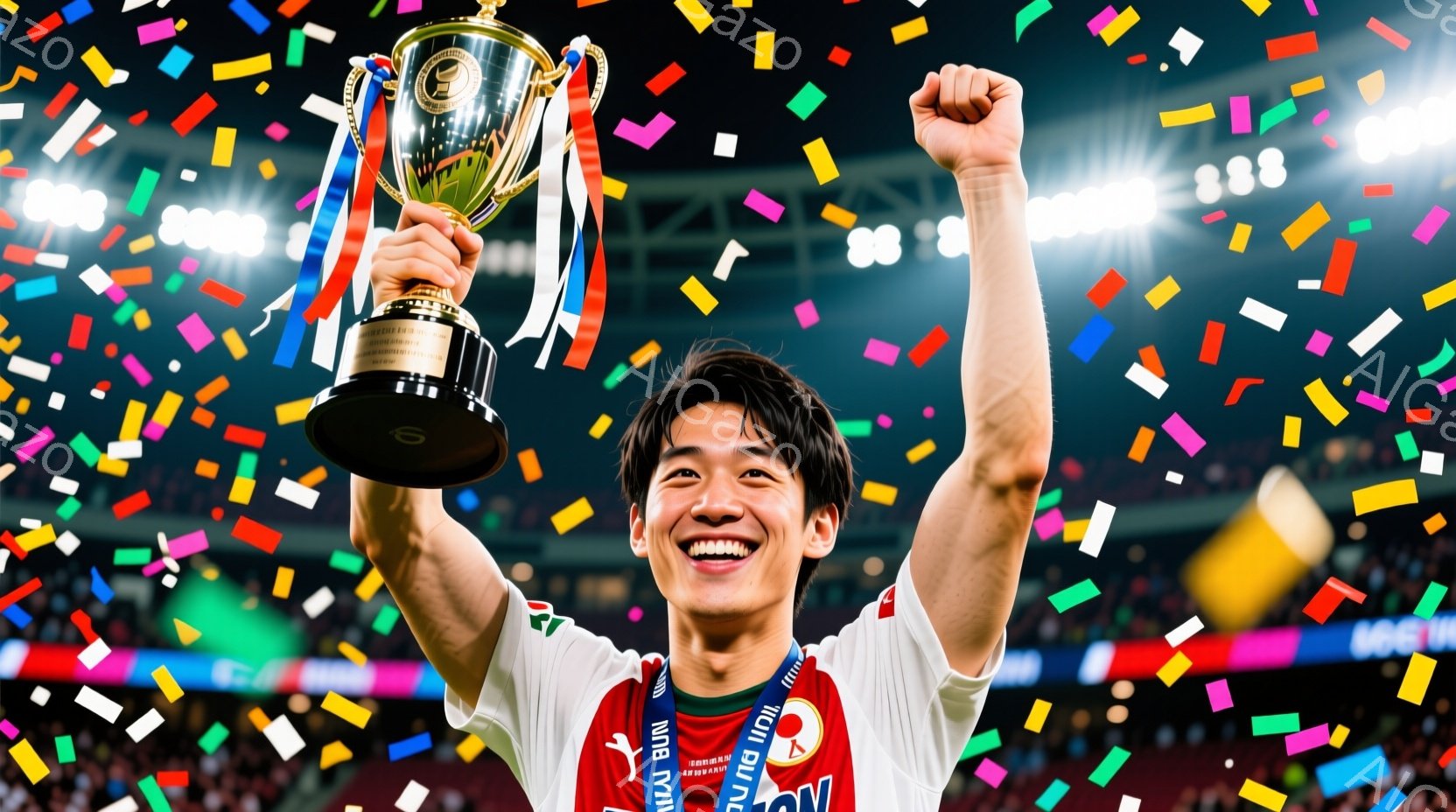 選手は白いユニフォームに赤いラインが入っており、首にはメダルをかけています。彼は両手を高く上げ、勝利のトロフィーを掲げ、満面の笑みを浮かべており、非常に喜んでいる様子が伝わってきます。背景には紙吹雪が - AI生成フリー素材