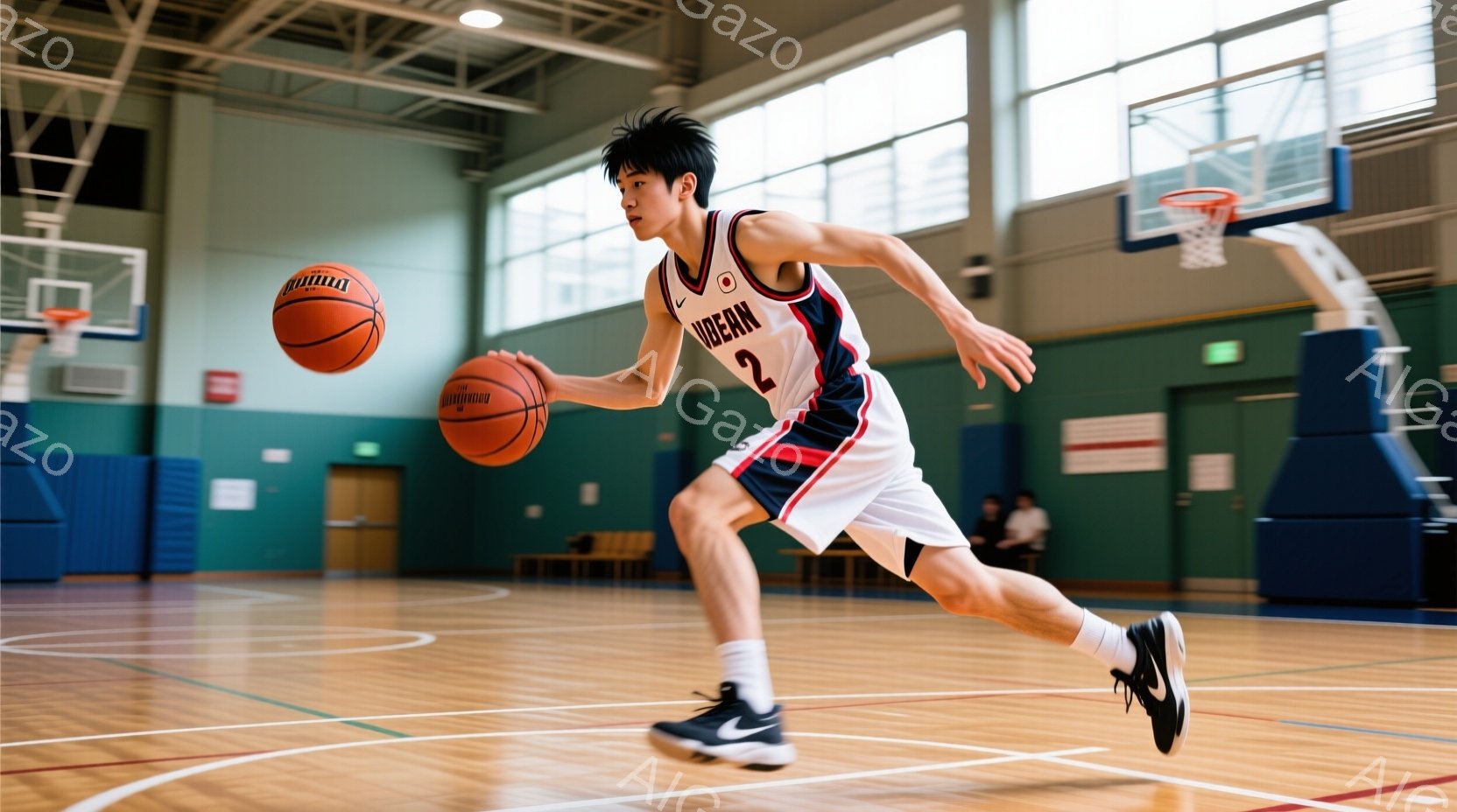 バスケットボールコートでドリブルしている男性が写っています。彼は赤いタンクトップと黒いショートパンツ、そしてバスケットボールシューズを着用し、短髪で活発な表情をしています。コートは広く、他の人物もぼん - AI生成フリー素材