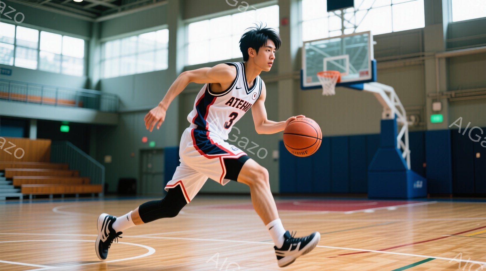バスケットボール選手がドリブルしながらコートを疾走している様子が写っている。彼は白いユニフォームに黒いショートパンツ、膝当て、そして黒いスニーカーを着用し、短髪で表情は真剣だ。背景にはバスケットゴールと観客席が見え、体育館の明るい照明が選手の動きを強調している。