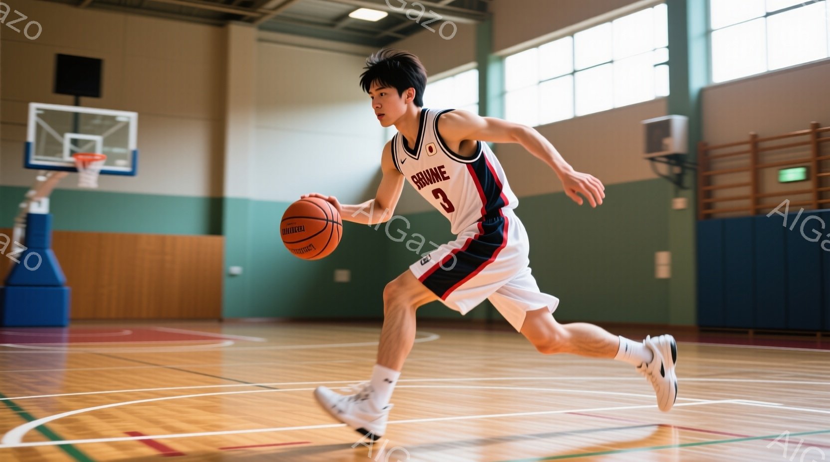 バスケットボールコートでドリブルしている若い男性の画像です。彼は白いユニフォームに「SAKAI」と書かれた赤い数字の３が描かれており、黒髪を短く整え、真剣な表情でボールを見つめています。コートは木製で、背景にはバスケットゴールが見え、体育館内の明るい光が全体を照らしています。