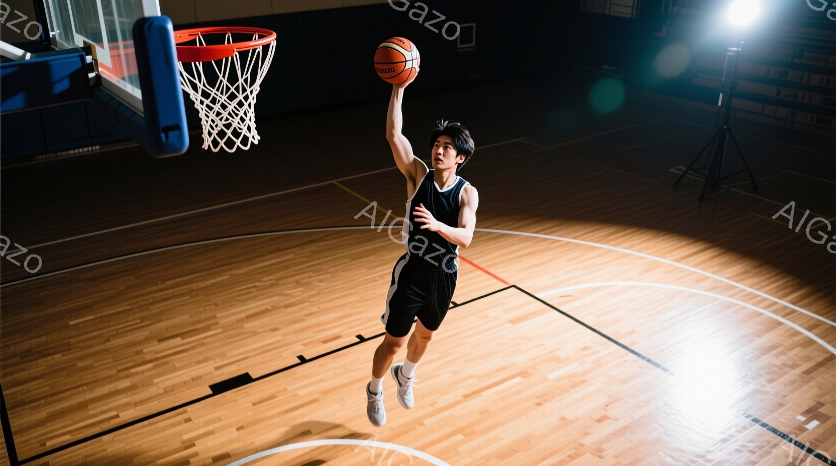 バスケットボールコートでジャンプシュートを放つ男性が写っている。彼は黒のタンクトップとショーツ、白いスニーカーを着用し、短髪で、集中した表情をしている。コートは木製で、観客席とバスケットゴールが確認でき、スポットライトが当たって、躍動感のある雰囲気が演出されている。