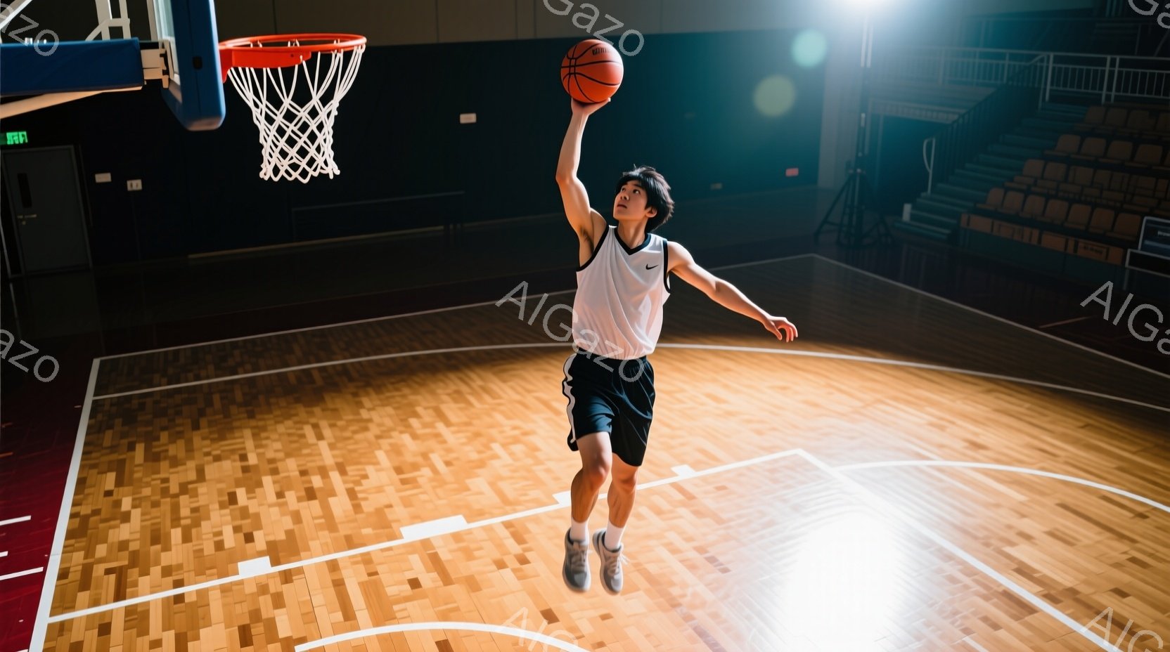 若い男性がバスケットボールコートでジャンプシュートをしています。彼は白いタンクトップと濃い青色のショーツを着用し、髪は短く、集中した表情をしています。コートは木製の床で、背景には観客席が見え、明るい光がコート全体を照らしています。