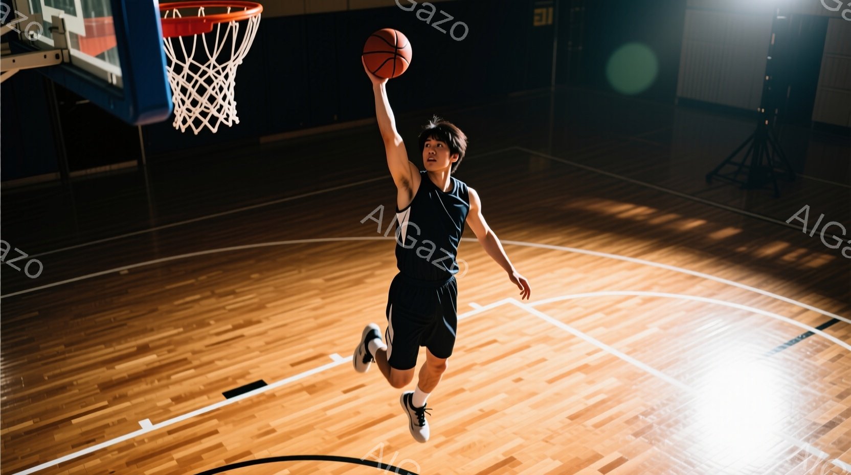 バスケットボールコートでジャンプシュートを放つ若い男性が写っている。彼は黒いタンクトップと黒いショートパンツを着用し、髪は短く整えられている。コートは木製で、明るい光が差し込み、躍動感のある雰囲気を作り出している。