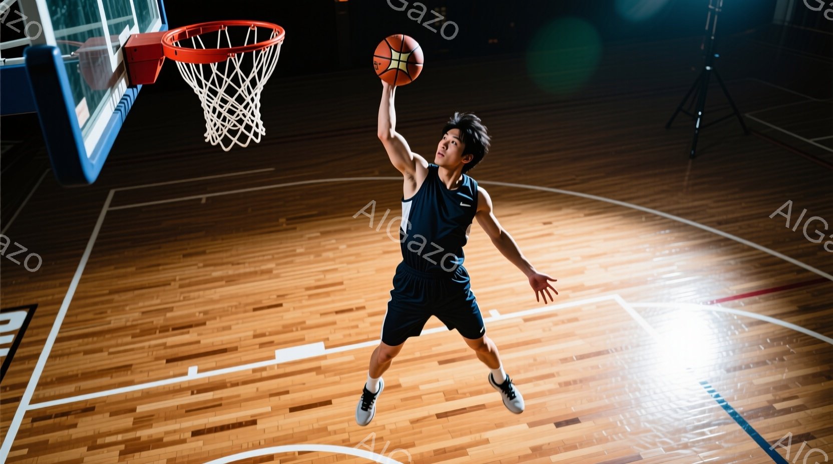 バスケットボールコートでジャンプシュートを試みる男性が写っている。彼は黒のユニフォームとショーツ、黒のバスケットボールシューズを着用し、黒髪を短く整えている。背景には、バスケットゴールとコートの床が見え、躍動感のある雰囲気である。