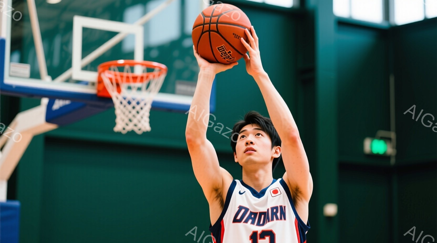 バスケットボールコートでシュートを打つ若い男性選手を捉えています。彼は赤いヘッドバンドと青いユニフォーム（背番号17）を着ており、黒髪を短く整えています。彼の表情は集中しており、シュートフォームは高く - AI生成フリー素材