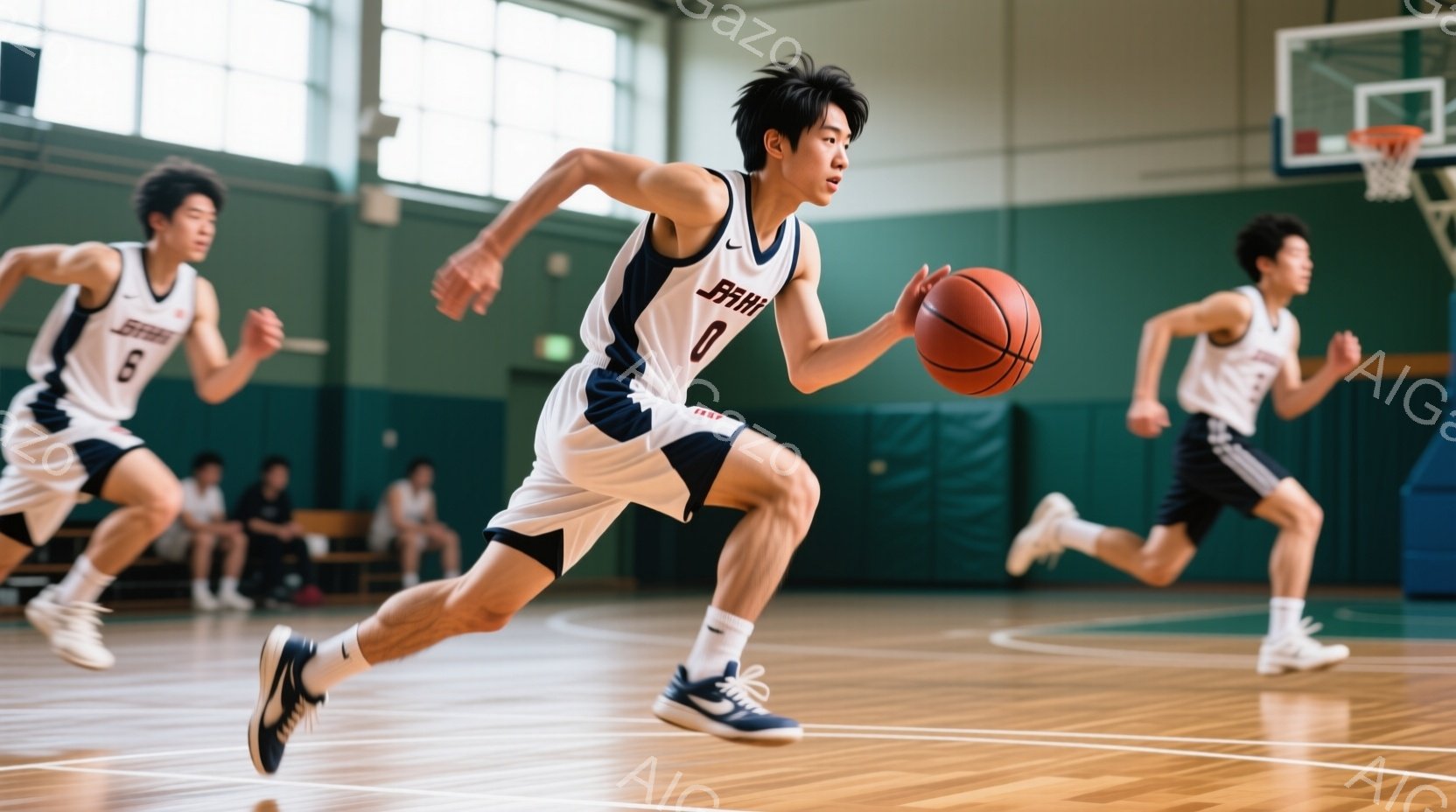 バスケットボールコートでプレーする若い男性が写っている。彼は紺と白のユニフォーム、黒いヘアスタイル、そして集中した表情をしている。背景には他の選手がぼやけて写っており、コートのラインと観客席が見える。 - AI生成フリー素材