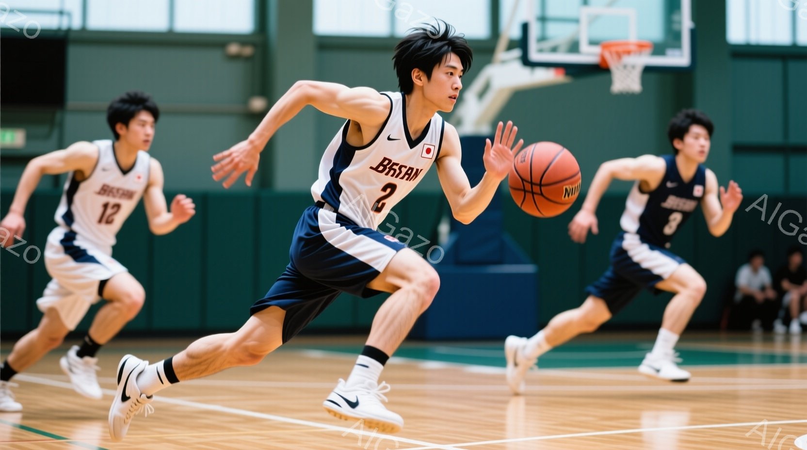 鮮やかな照明が照らすバスケットボールコートで、黒と白のユニフォームを着た若い選手がドリブルをしている。彼の髪型は短く、顔には集中した表情が浮かび、躍動感のある姿勢でボールを運び、スピード感あふれるプレ - AI生成フリー素材