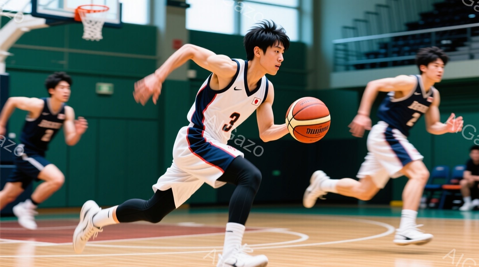 バスケットボールコートで、一人の若い選手がドリブルしながら疾走している様子が捉えられています。彼は白いユニフォームに黒のレギンス、そして白いスニーカーを着用しており、髪型は短く整えられています。背景に - AI生成フリー素材