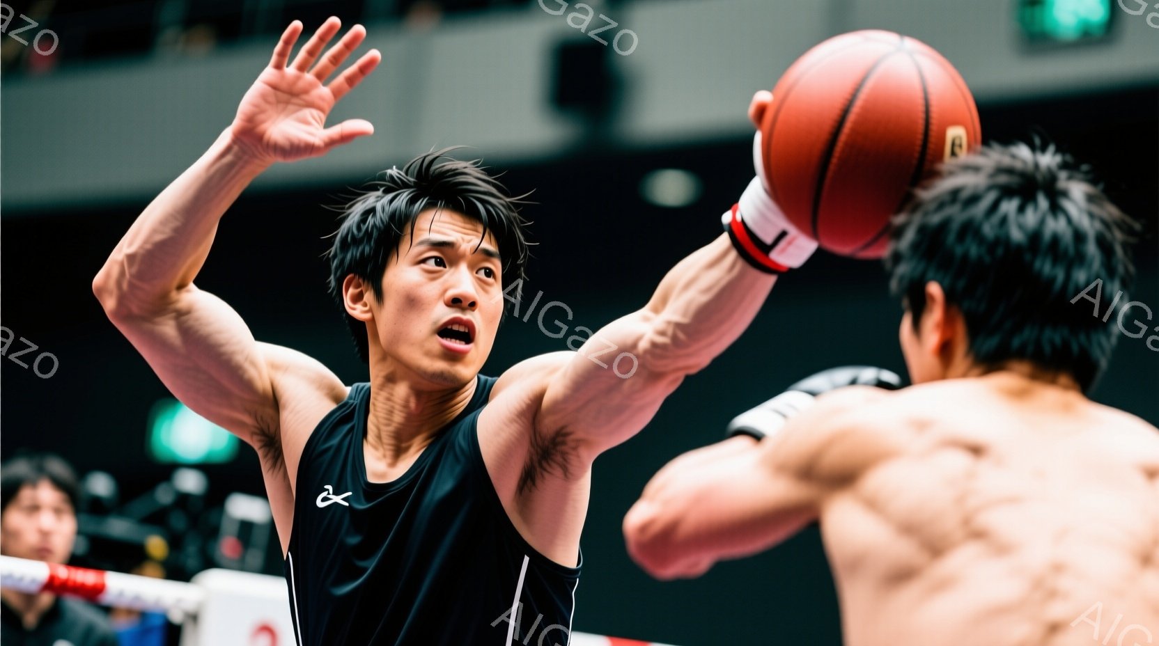 黒いタンクトップを着た若い男性ボクサーがリング内で防御姿勢をとっており、右手を顔の横に上げてガードしています。彼の表情はやや緊張しており、相手のパンチを予測しているようです。背景には観客席が見え、リングはロープで囲まれており、試合の熱気が伝わってきます。