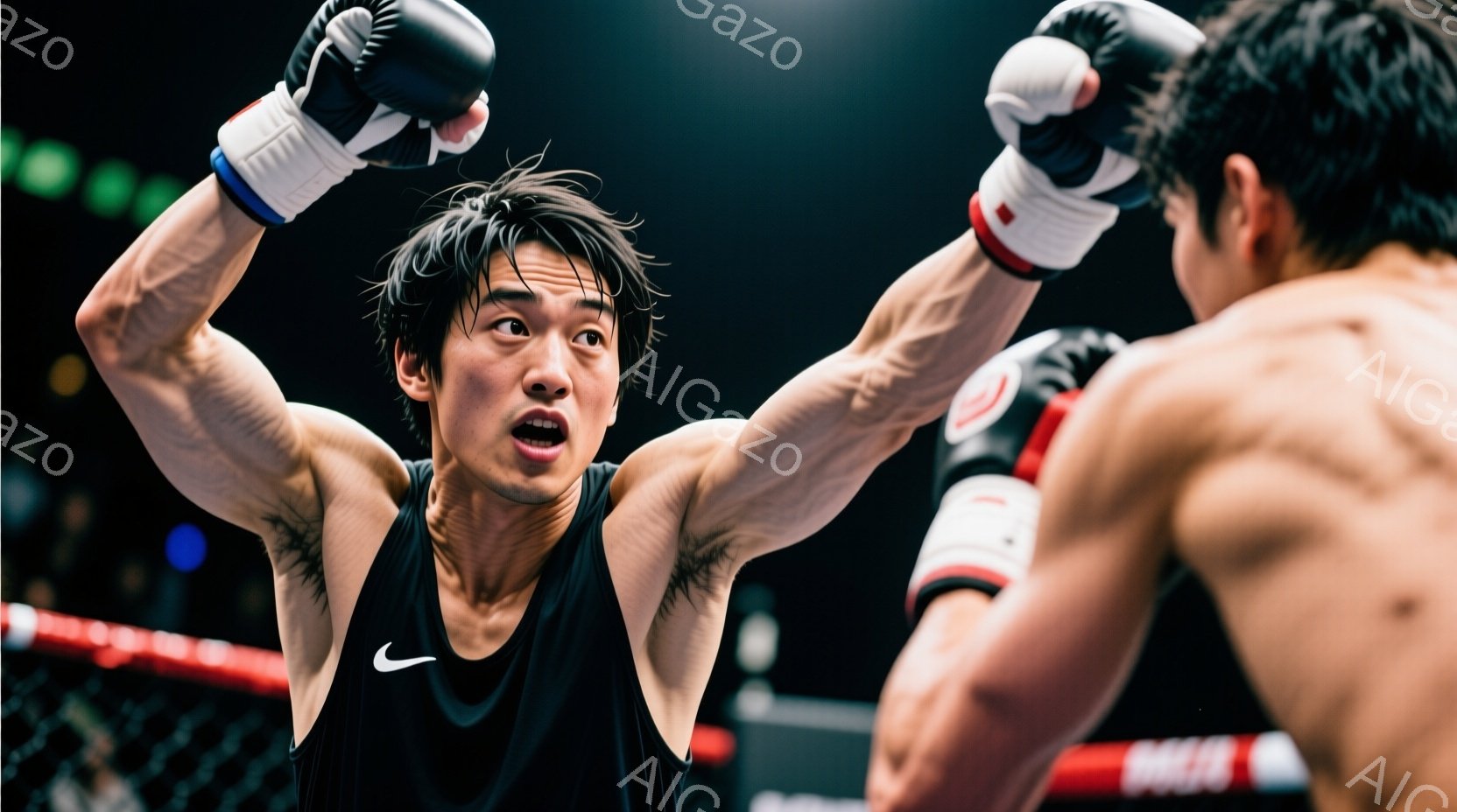 リングに立つ男性ボクサーが写っている。黒のタンクトップ姿で、片手を上げ勝利をアピールし、興奮した表情を見せている。背景にはロープとぼやけた観客席があり、リングライトが照らし出す緊迫感のある雰囲気である - AI生成フリー素材