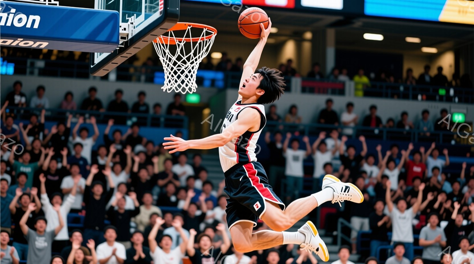 バスケットボール選手がダンクシュートを決める瞬間を捉えた写真です。彼は白いユニフォームに黒と赤のラインが入っており、髪は短く、躍動感のある姿勢で空中でボールをリングへ放り込んでいます。背景には観客席が - AI生成フリー素材