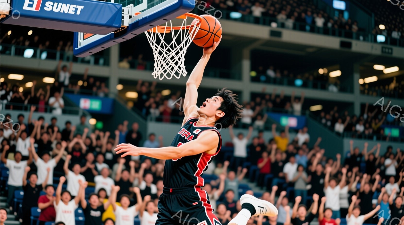 黒いユニフォームと赤いアクセントのバスケットボール選手が、ゴールに向かってジャンプシュートを放つ瞬間を捉えた写真です。彼の髪は短く、集中した表情で、観客席には多くの人々が手を挙げ応援しています。背景は体育館の観客席で、活気に満ちた応援の雰囲気が伝わってきます。