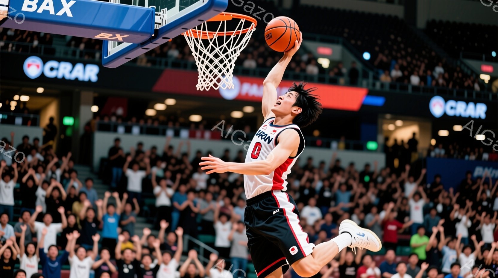 バスケットボール選手がダンクシュートを試み、空中でボールをリングへ向けている。選手は黒と赤のユニフォームに、短い黒髪で、集中した表情をしている。背景には観客席が広がり、多くの観客が興奮した様子で試合を - AI生成フリー素材