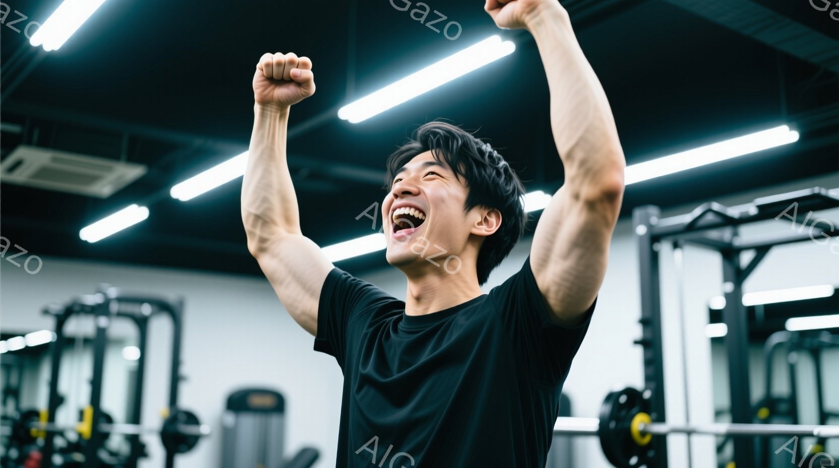 筋トレジムで、黒いTシャツを着た若い男性が両手を高く上げ、満面の笑みを浮かべている。彼の髪は短く、表情は喜びと達成感に満ちている。ジム内にはトレーニング器具が並び、天井には蛍光灯が設置されており、活気ある雰囲気を感じさせる。