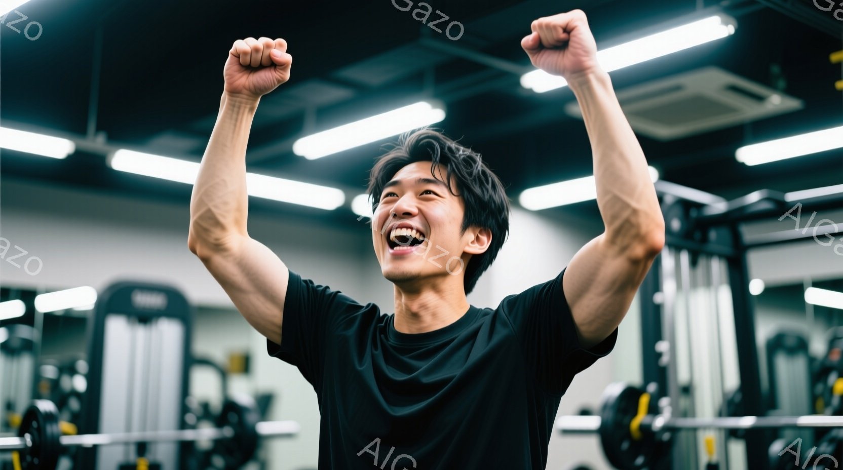 筋トレジムで、黒いTシャツを着た若い男性が両腕を高く上げて歓喜している。彼は興奮した表情で口を開け、髪は短く無造作に整えられている。ジムの器具が背景に見え、活気あるトレーニングの雰囲気が伝わってくる。 - AI生成フリー素材