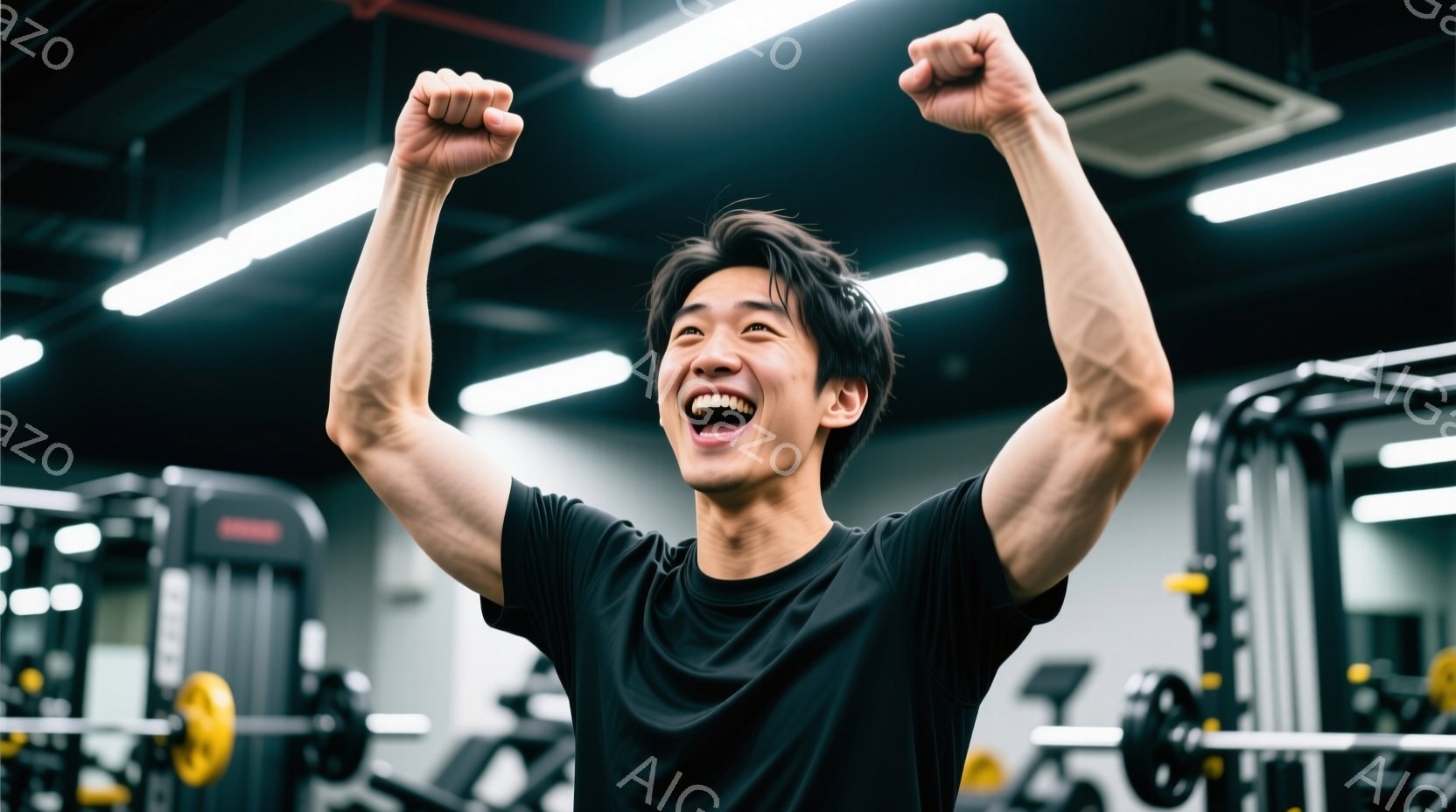 黒いTシャツを着た若い男性が、両手を高く上げて勝利をアピールしている。彼は満面の笑みを浮かべ、力強い表情で、ジムの室内で達成感を表現している。背景にはトレーニング器具が並び、集中した雰囲気の中、彼のエ - AI生成フリー素材