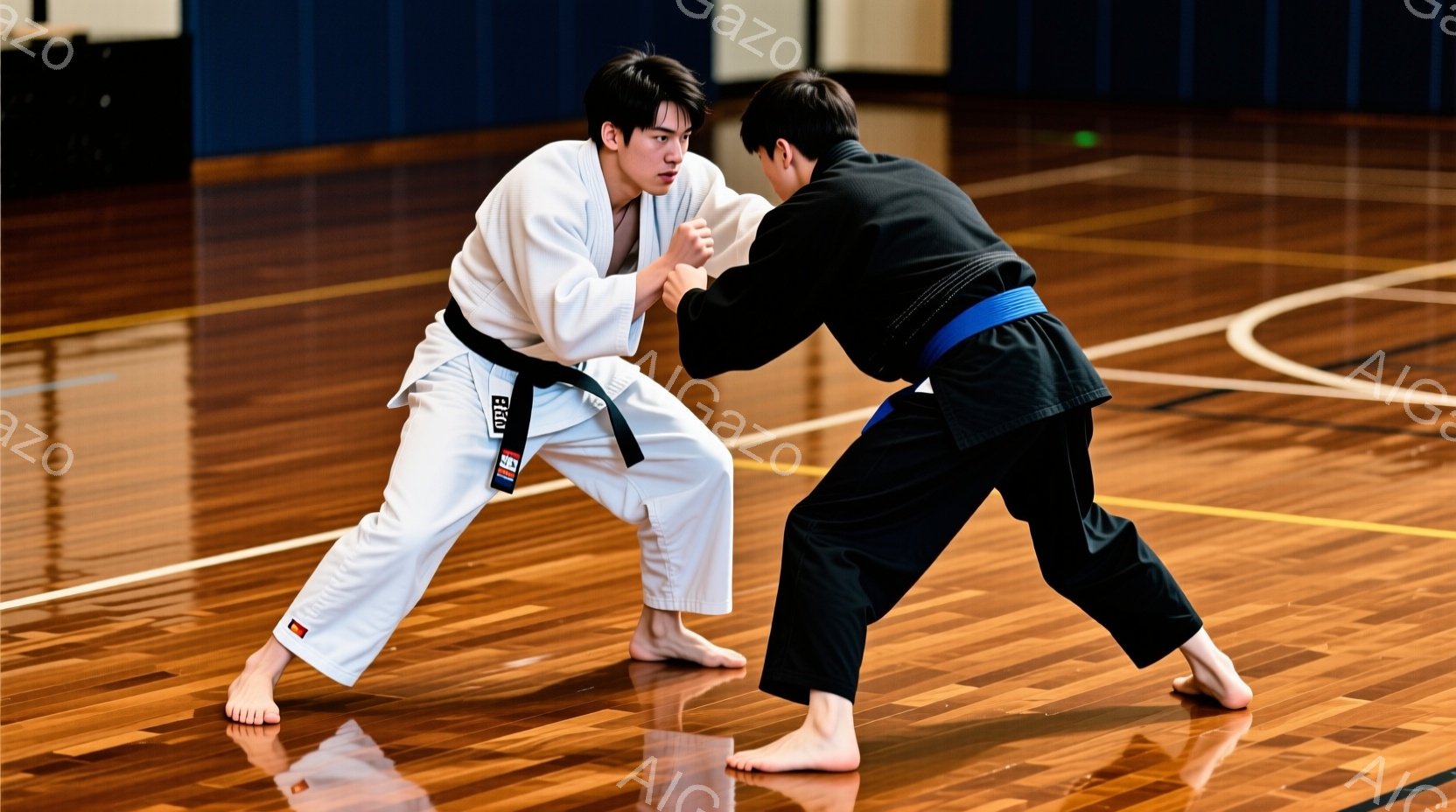 柔道着を着た二人の男性が、体育館の床で向き合っている。片方の男性は白い柔道着で、髪は短く整えられ、集中した表情をしている。もう一人は黒い柔道着を身につけ、青い帯をしており、相手の動きを警戒している様子がうかがえる。
