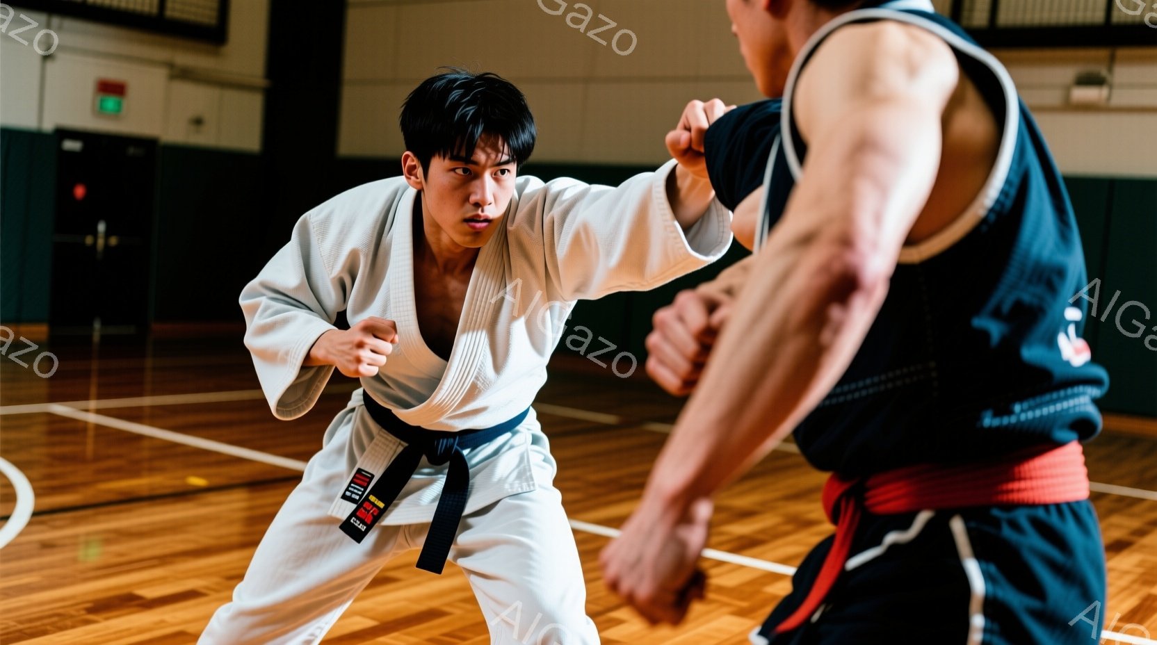 空手着を着た若い男性が、相手と対峙し、右手を伸ばして攻撃しようとしています。彼は黒帯を締めており、真剣な表情で、構えをとっています。背景は体育館の木製の床で、照明が当たり、集中した雰囲気です。